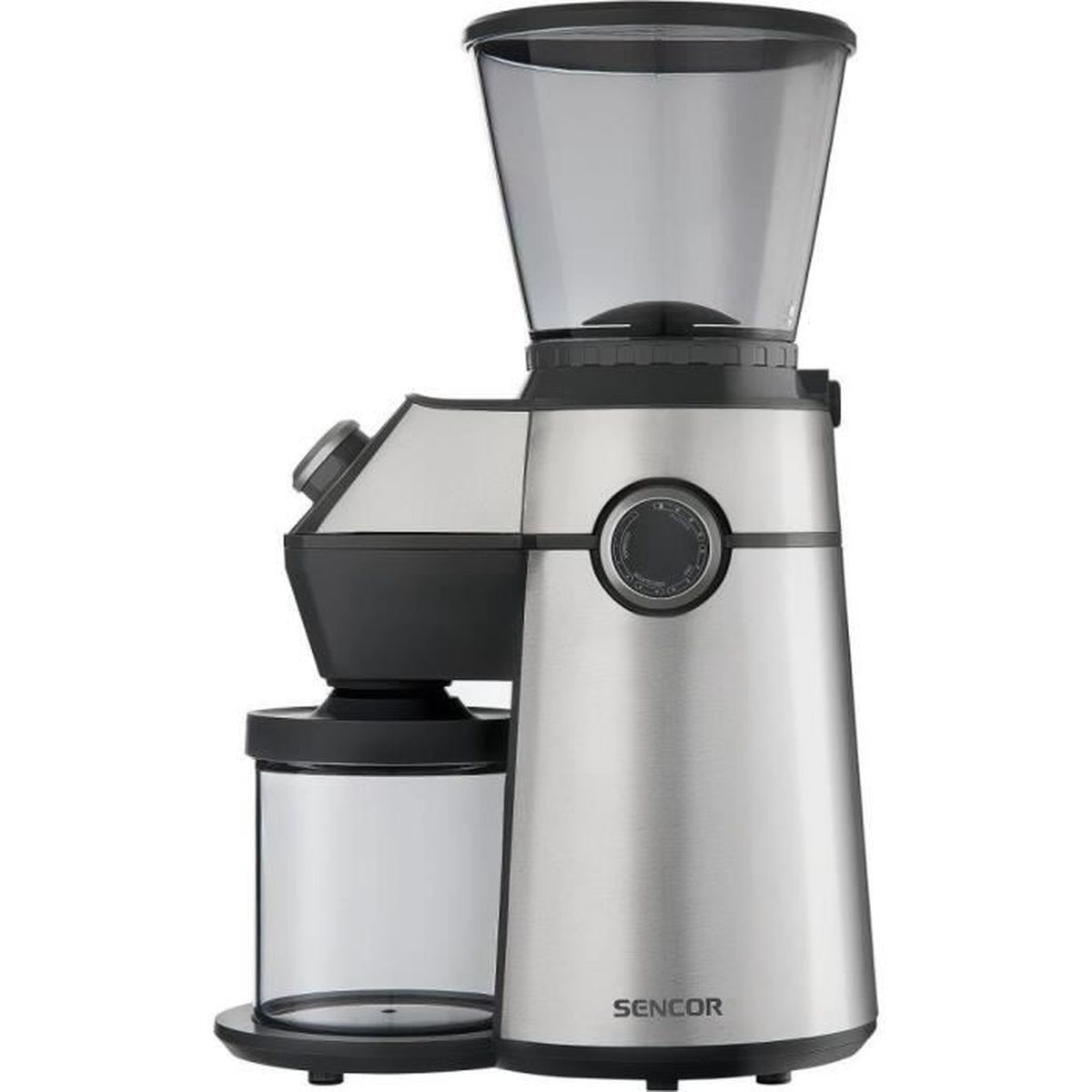 Silberner Kaffeemühlen-Grinder mit schwarzem Behälter und Drehknopf.