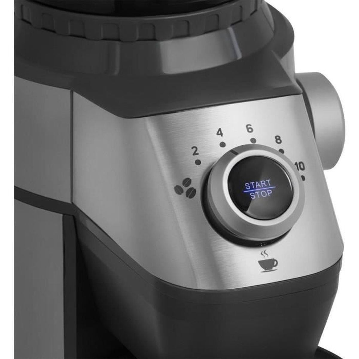 Nahaufnahme der Bedienelemente einer Kaffeemühle mit einem Start/Stopp-Knopf.