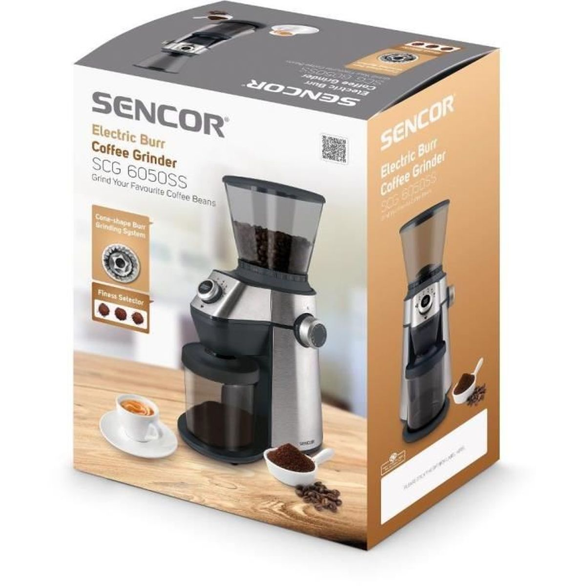 SENCOR Kaffeemühle mit Kegelmahlwerk, SCG 6050SS, mit Kaffeebohnen und Tasse.