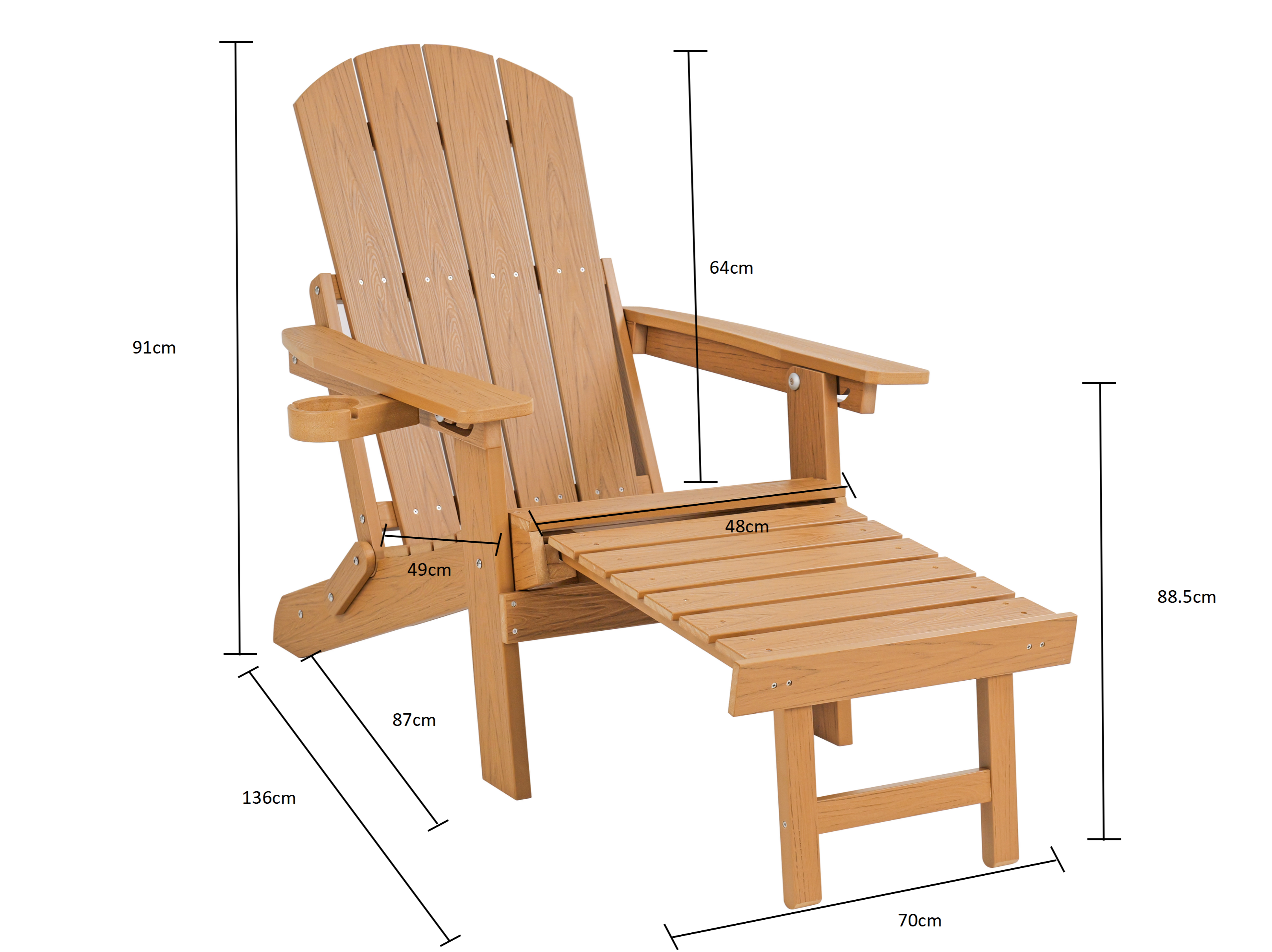 Eine hölzerne Adirondack-Liege mit ausziehbarer Fußstütze und Getränkehalter.