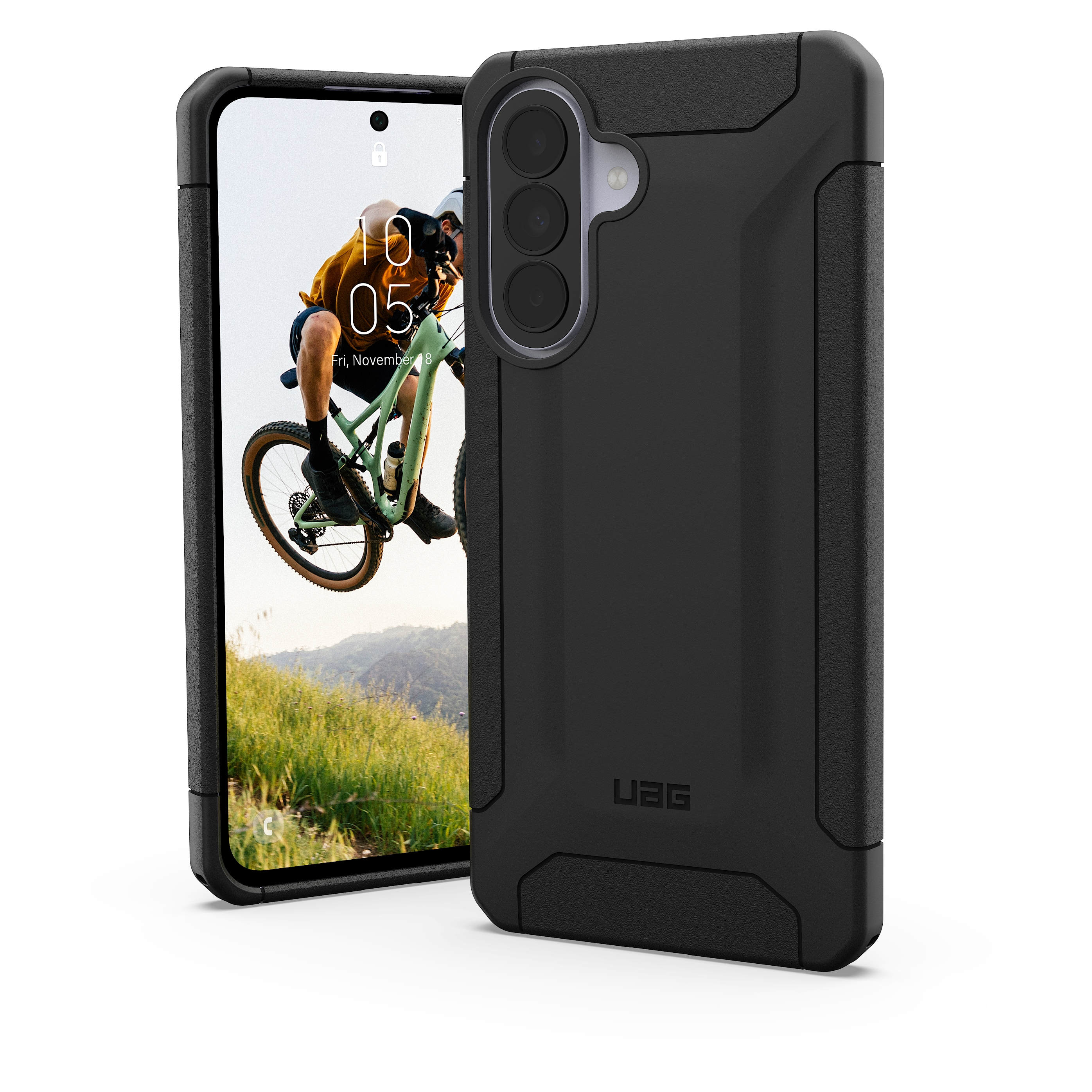 Schwarze Handyhülle mit Kamera und Bildschirm, der einen Mountainbiker zeigt.