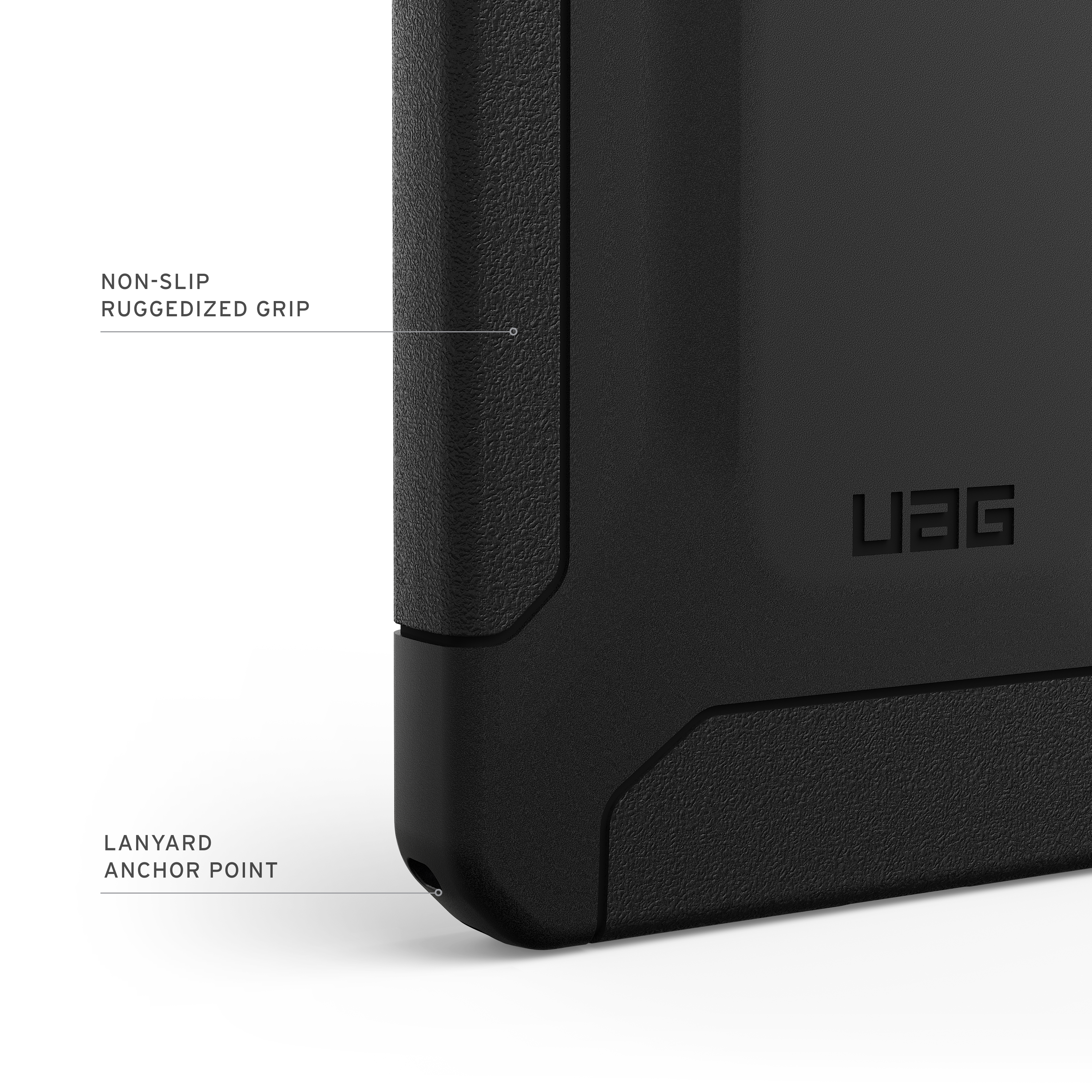 Schwarzes Handyhülle mit UAG-Logo. Gekörnte Seiten und glatte Rückseite.