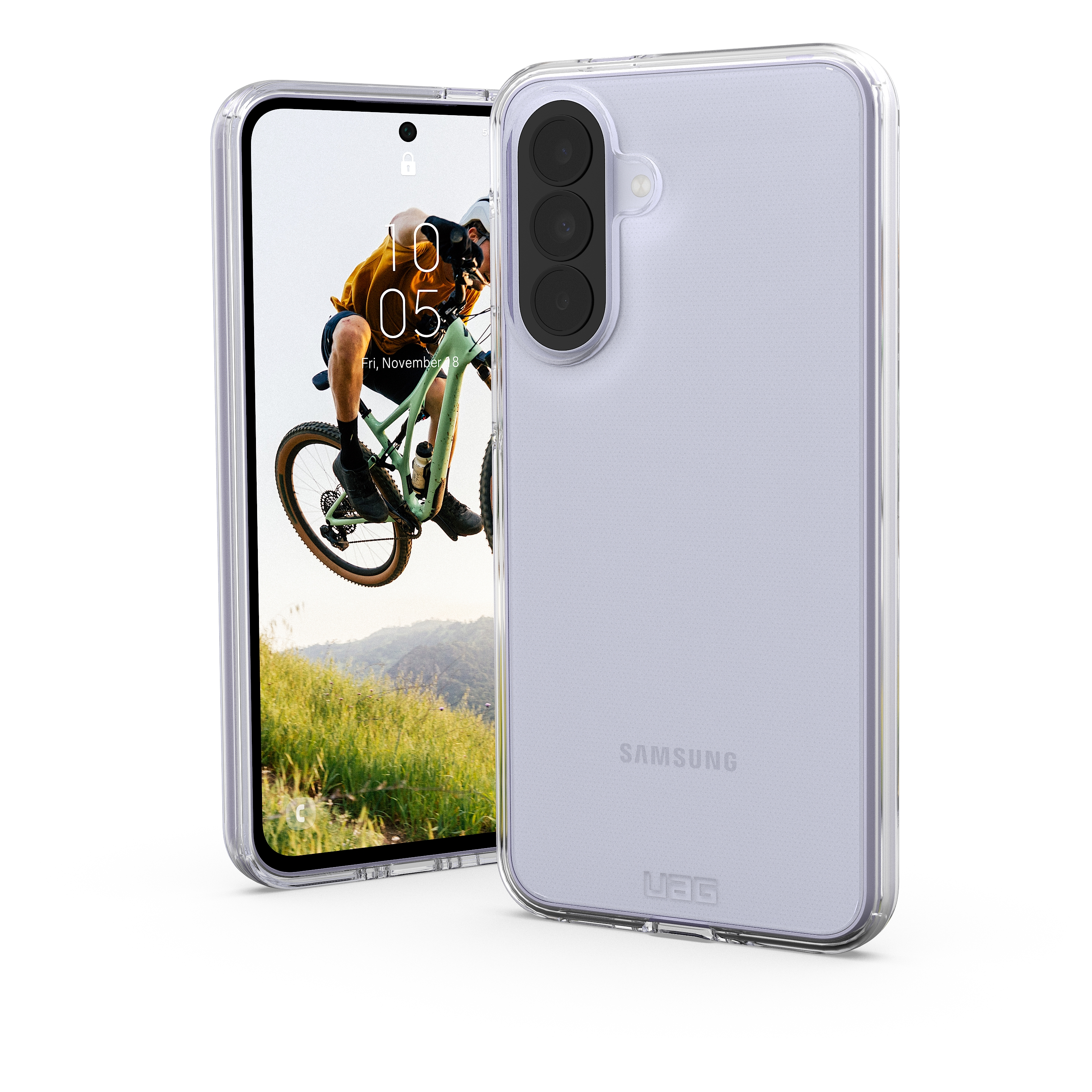 Ein durchsichtiges Handygehäuse auf einem weißen Hintergrund. Das Handy zeigt einen Mountainbiker.