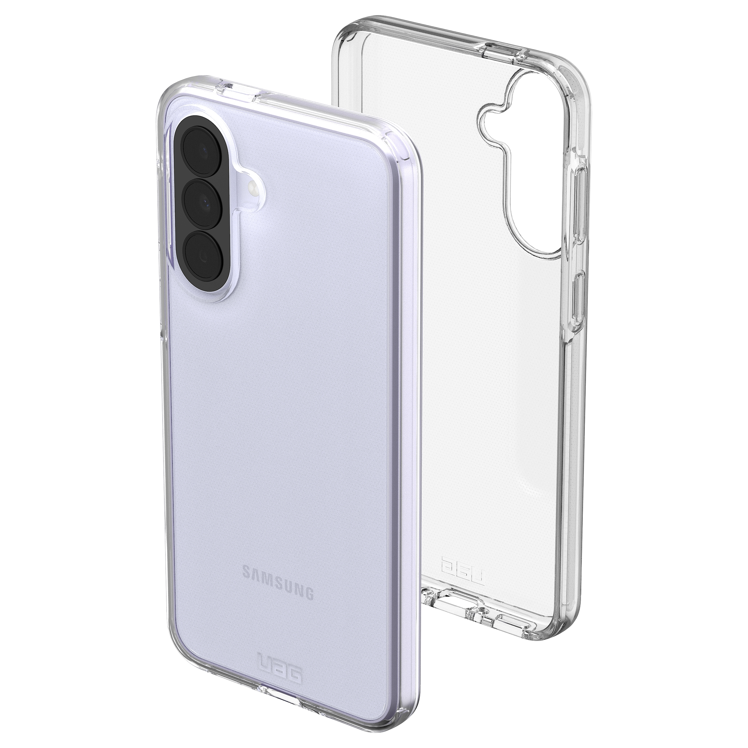Ein transparenter Handyhülle und ein Smartphone mit drei Kameras.