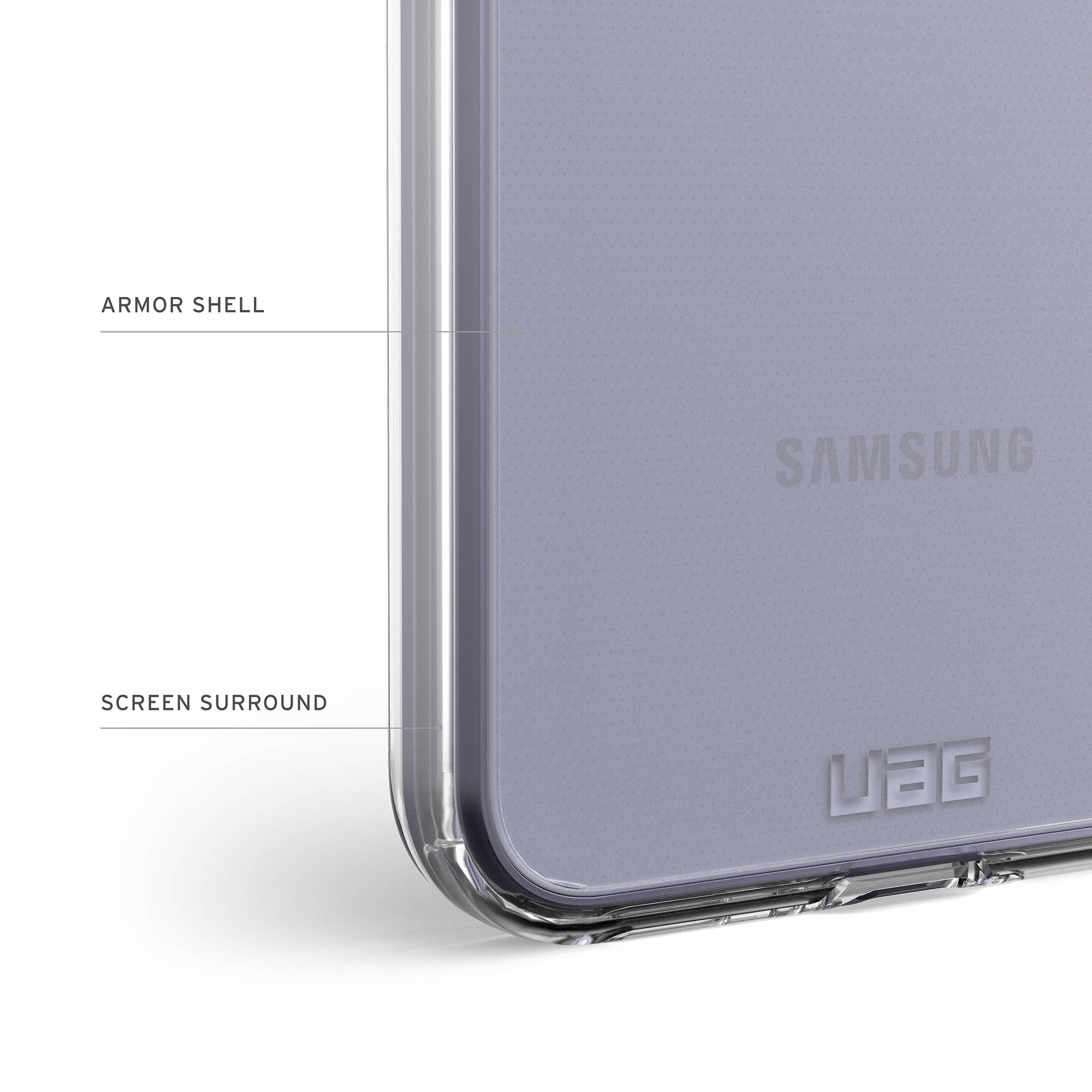 Transparente Handyhülle mit Samsung- und UAG-Logos.