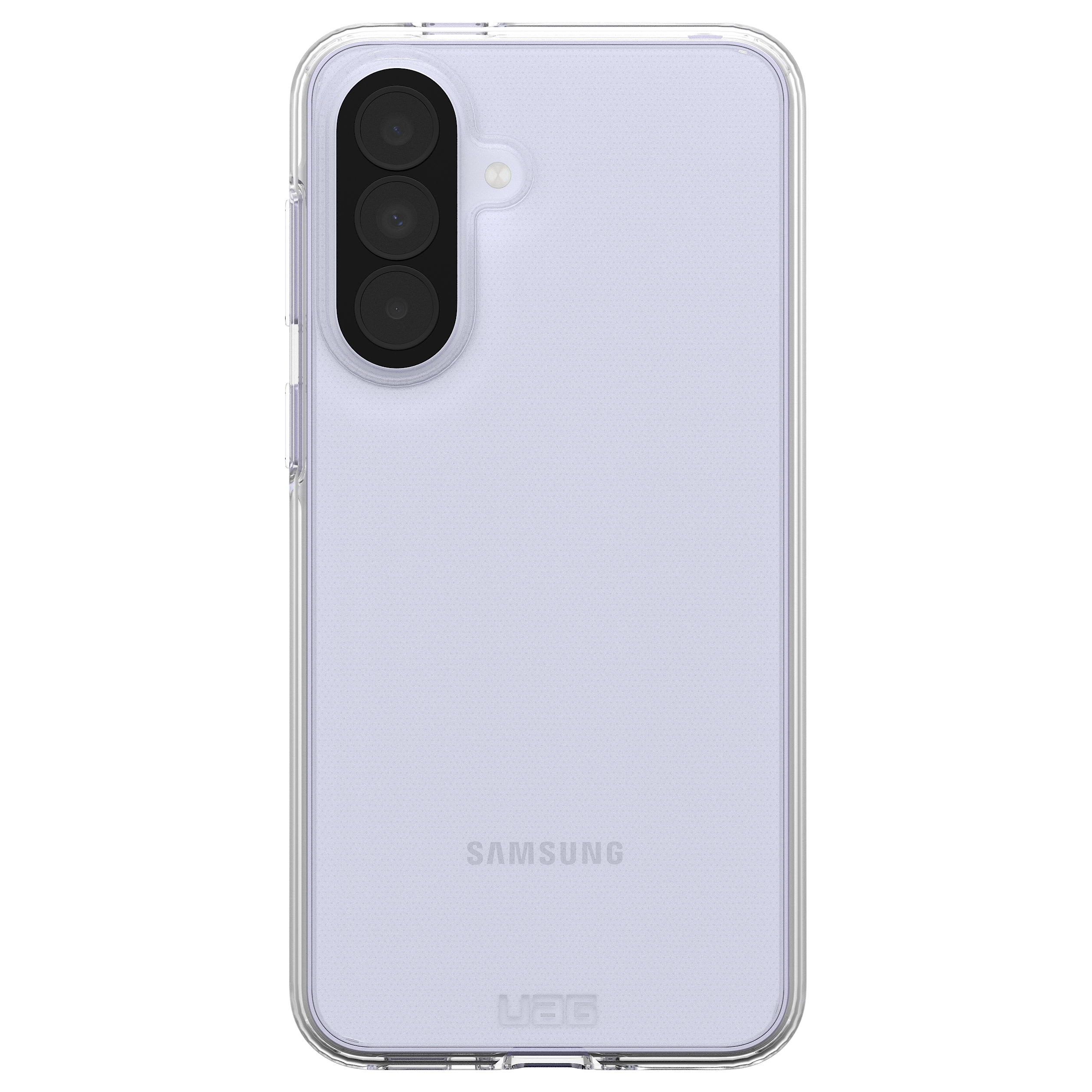 Ein durchsichtiges Samsung Handy mit drei Kameras und silbernem Rand.