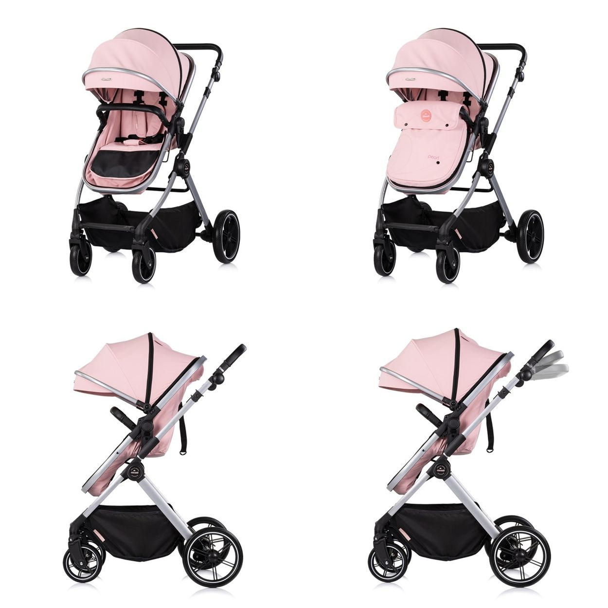 Vier Ansichten eines rosafarbenen Kinderwagens auf weißem Hintergrund.