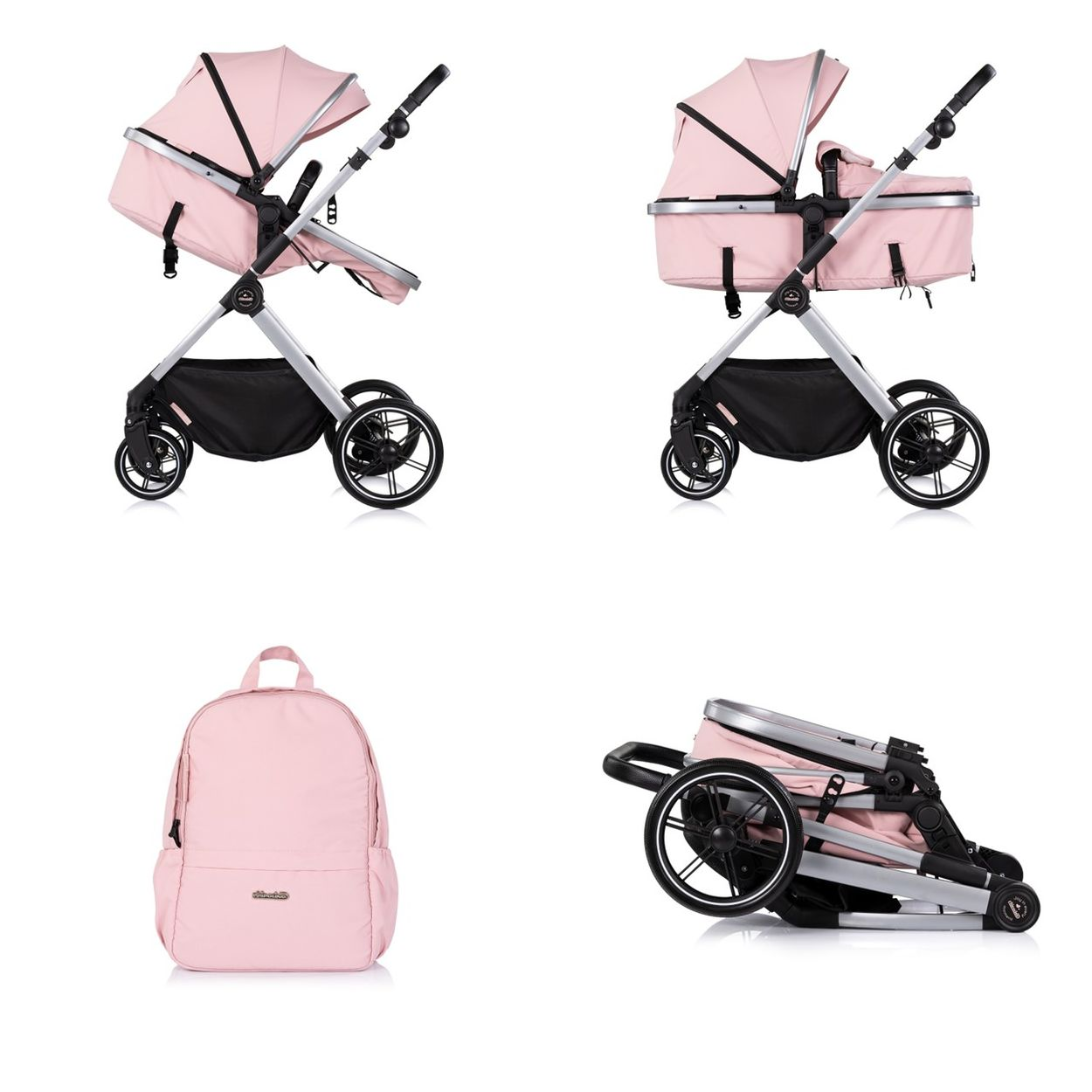 Ein rosafarbener Kinderwagen mit Tragetasche und ein passender Rucksack.