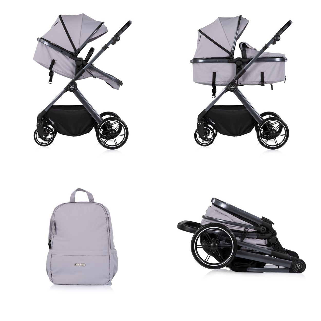 Grauer Kinderwagen in vier Ansichten: offen, mit Babywanne, Rucksack und zusammengeklappt.