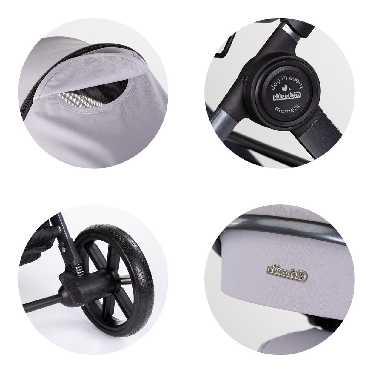 Ein grauer Kinderwagen mit Belüftungsfenster, Griff, Rad und Logo.