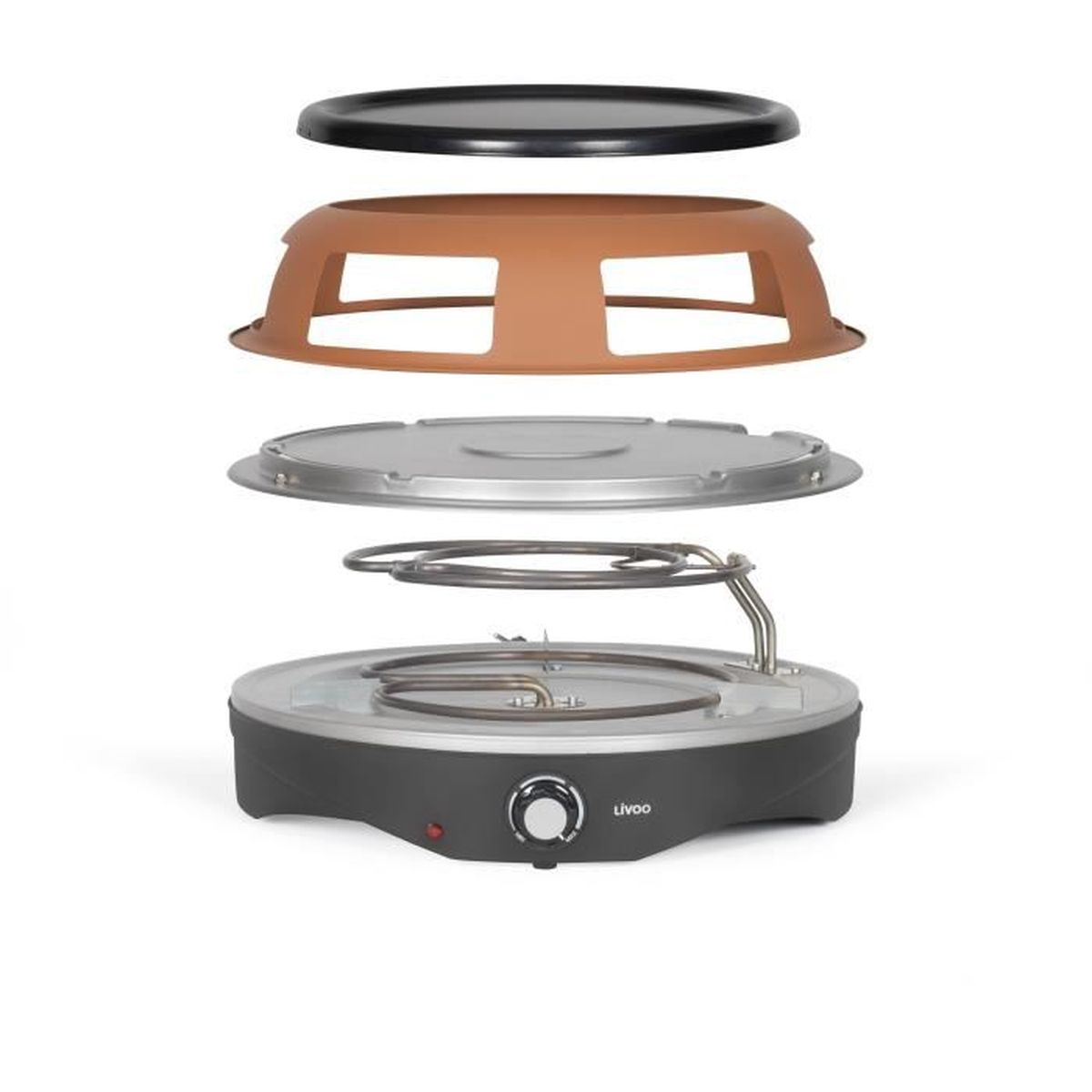 Vista esplosa di una griglia per raclette con alloggiamento marrone e componenti metallici.