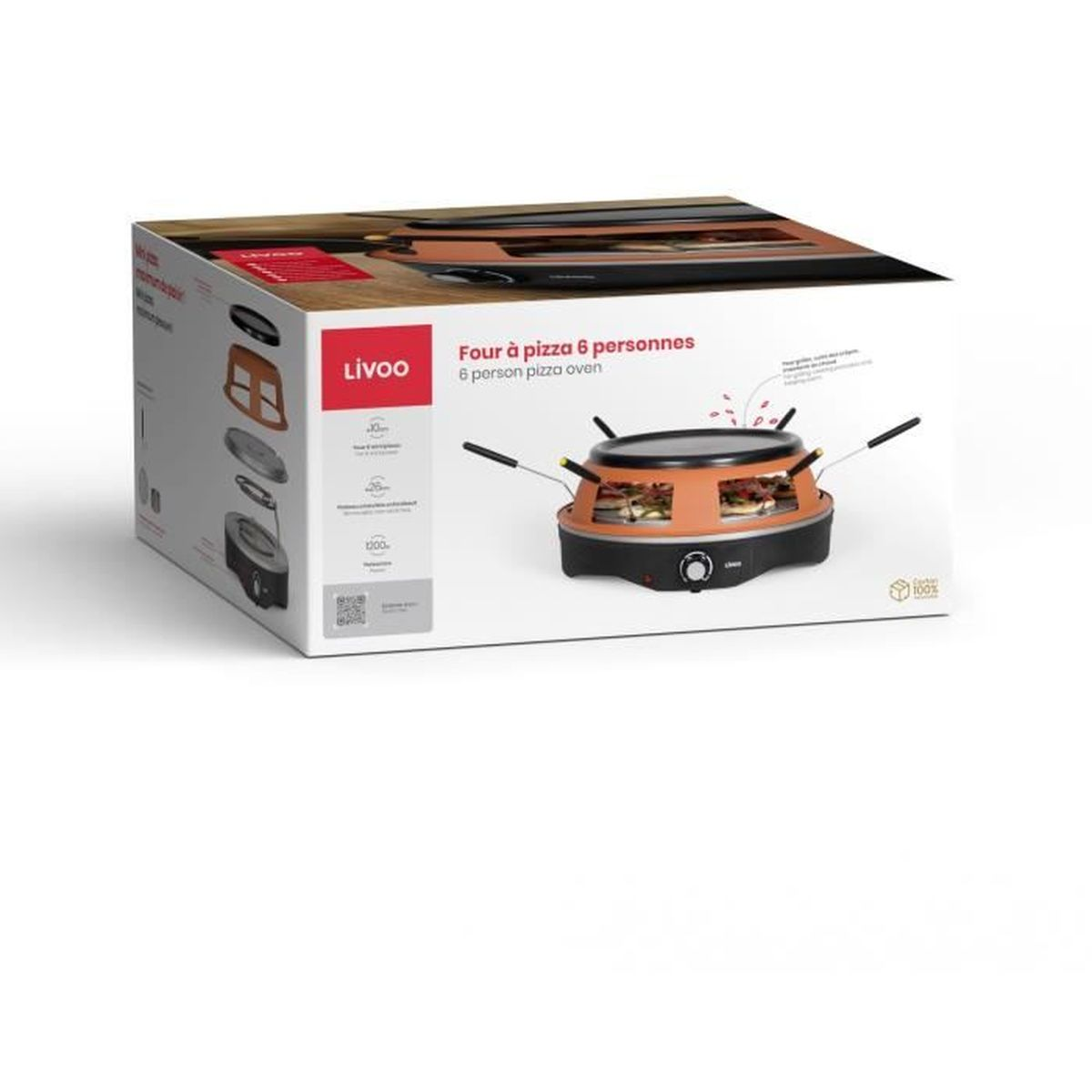 Confezione di un forno per pizza Livoo da 6 persone, con illustrazione dettagliata del forno.