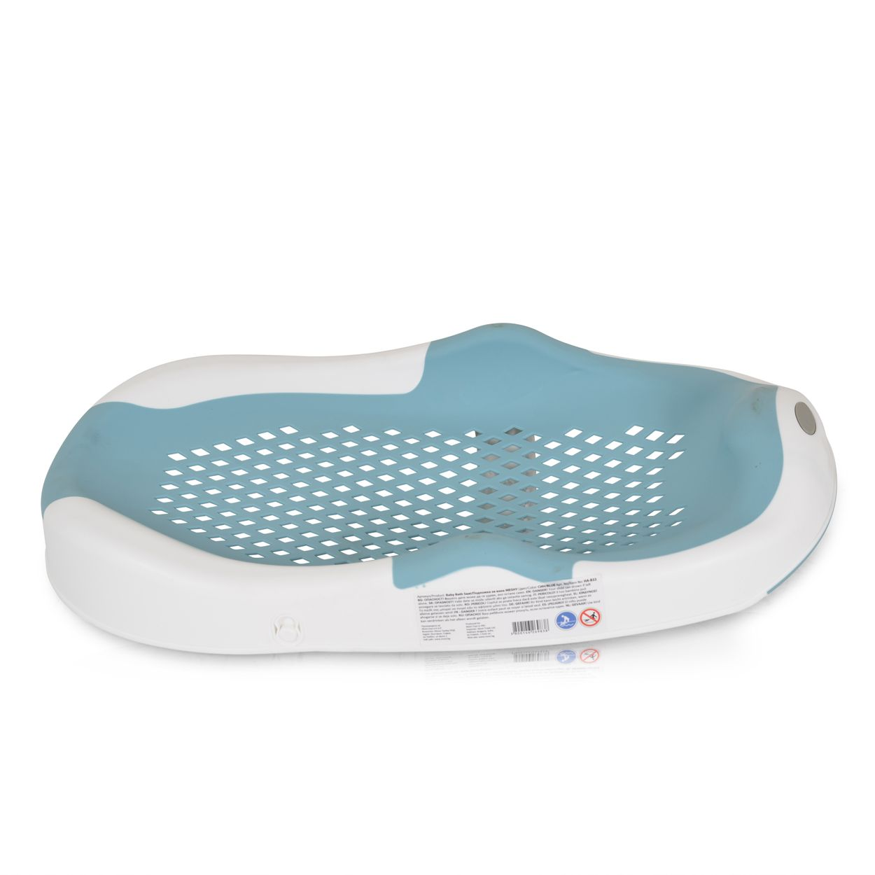 Ein blau-weißer Baby-Badewannensitz mit Löchern.