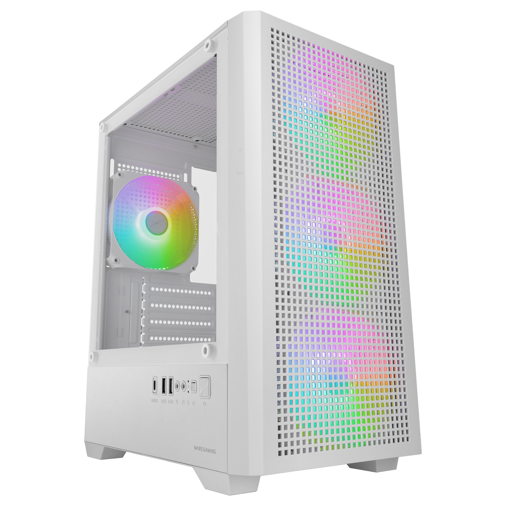 Case PC bianco con ventola RGB e luci frontali.