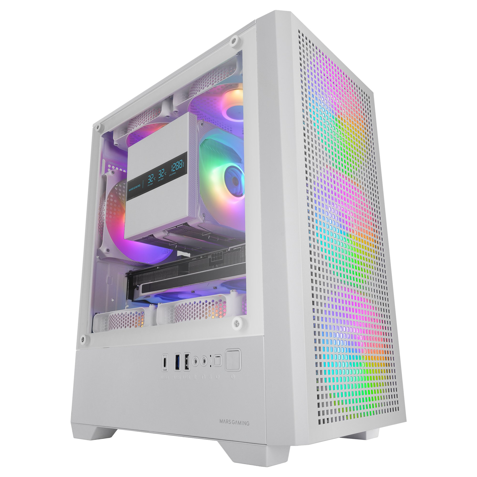 Case PC bianco con ventole RGB, componenti interni visibili e porte sul pannello frontale.