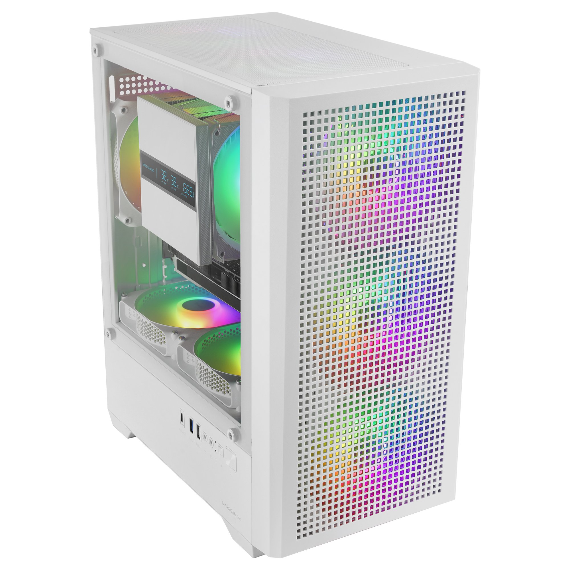 Un case PC bianco con illuminazione RGB e pannello laterale trasparente.
