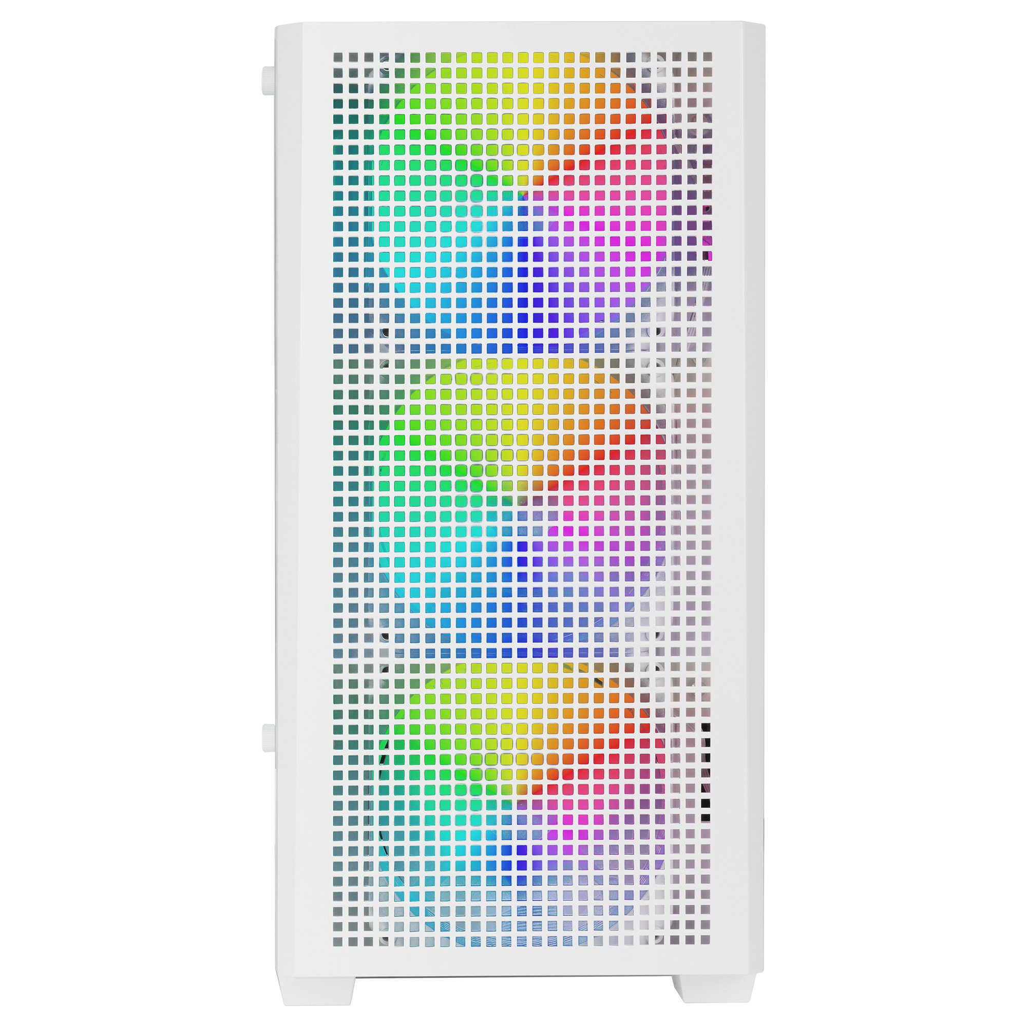 Case PC bianco con frontale traforato che mostra LED colorati.