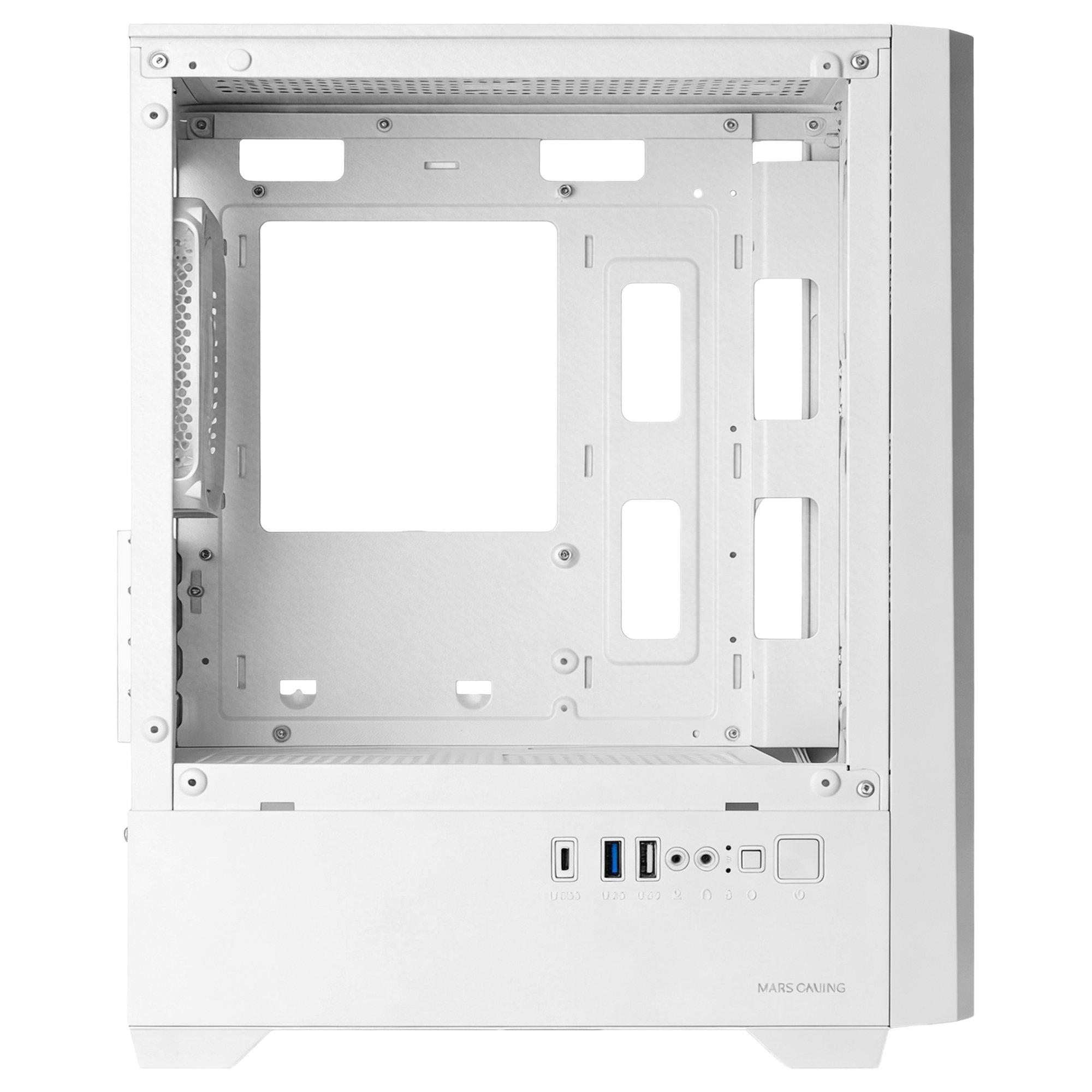 Un case per computer bianco, aperto sul lato, con porte sul davanti.