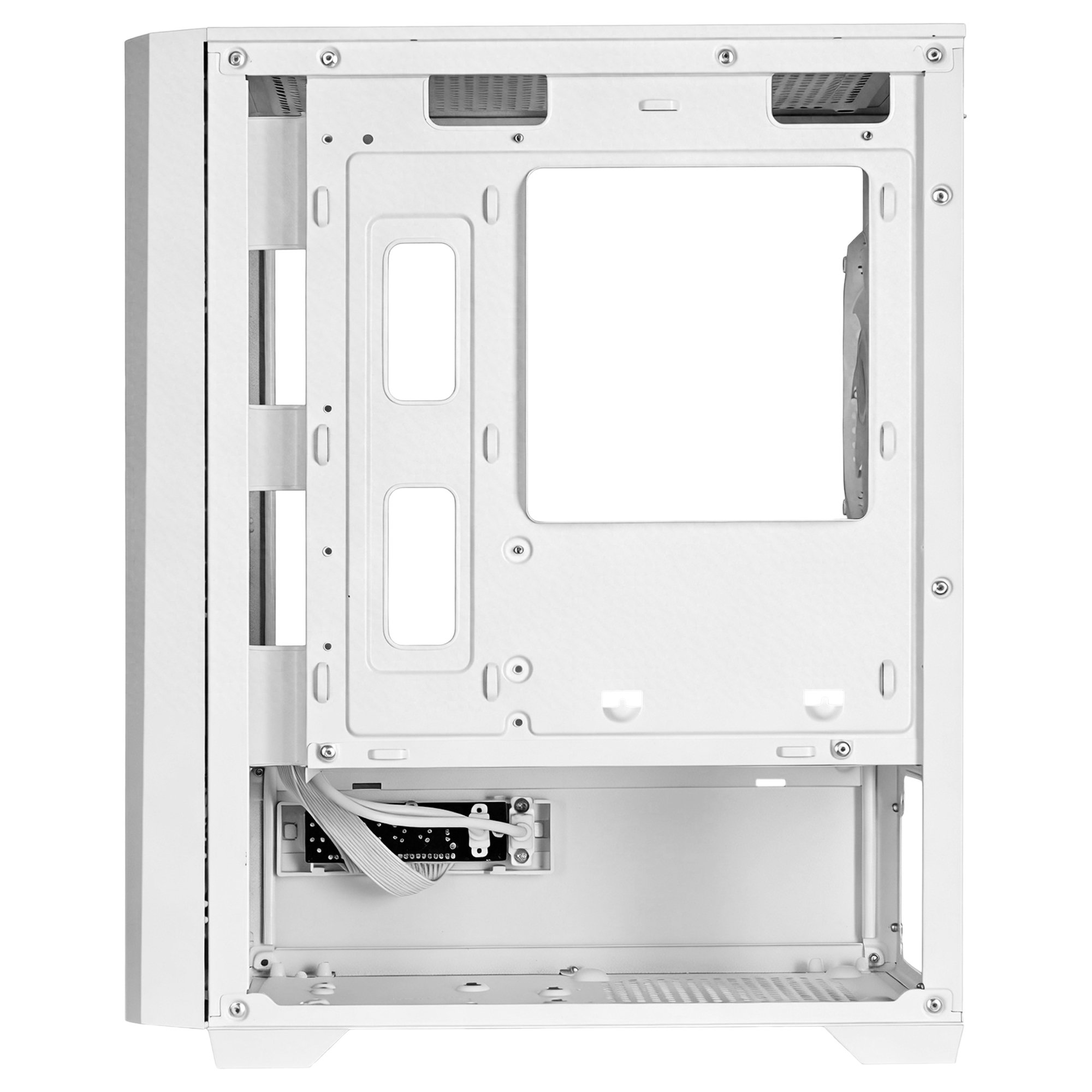 Un case per computer bianco con cavi e fori di montaggio.