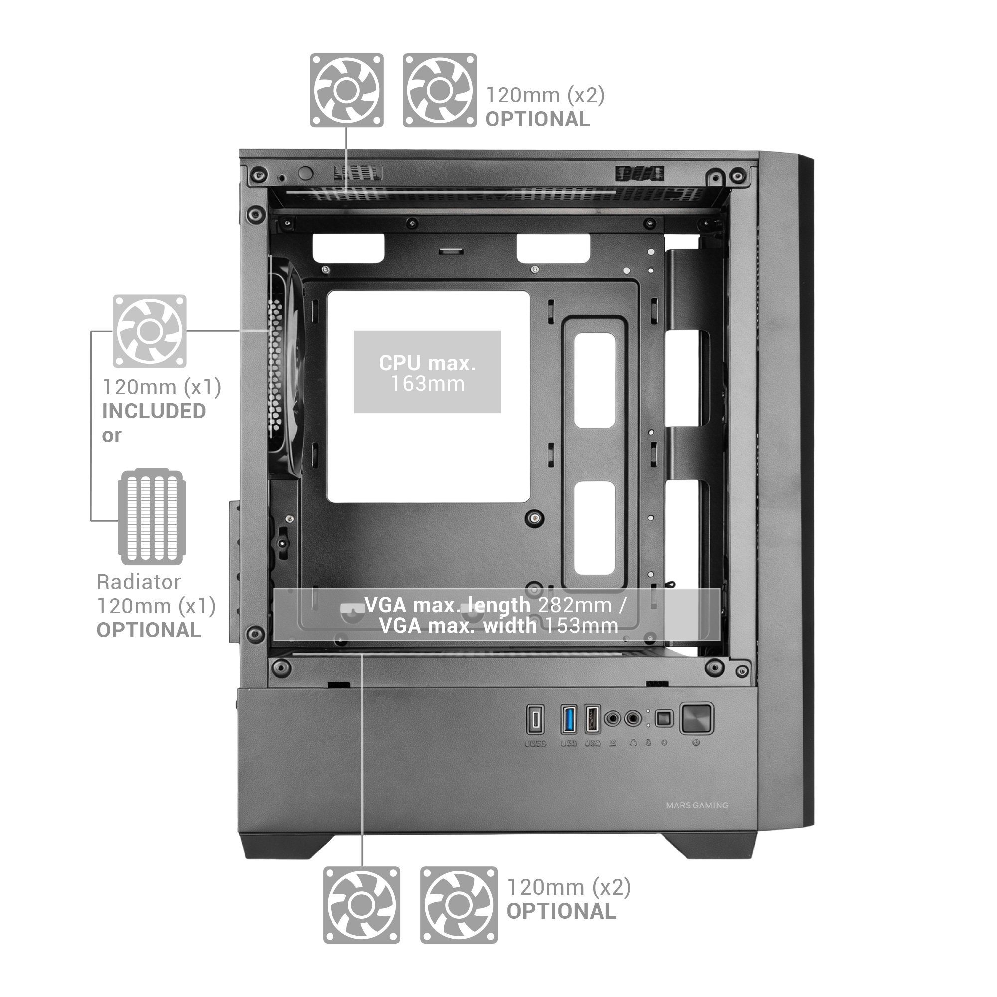 Case del computer che mostra opzioni di ventola e radiatore e limiti di dimensioni.