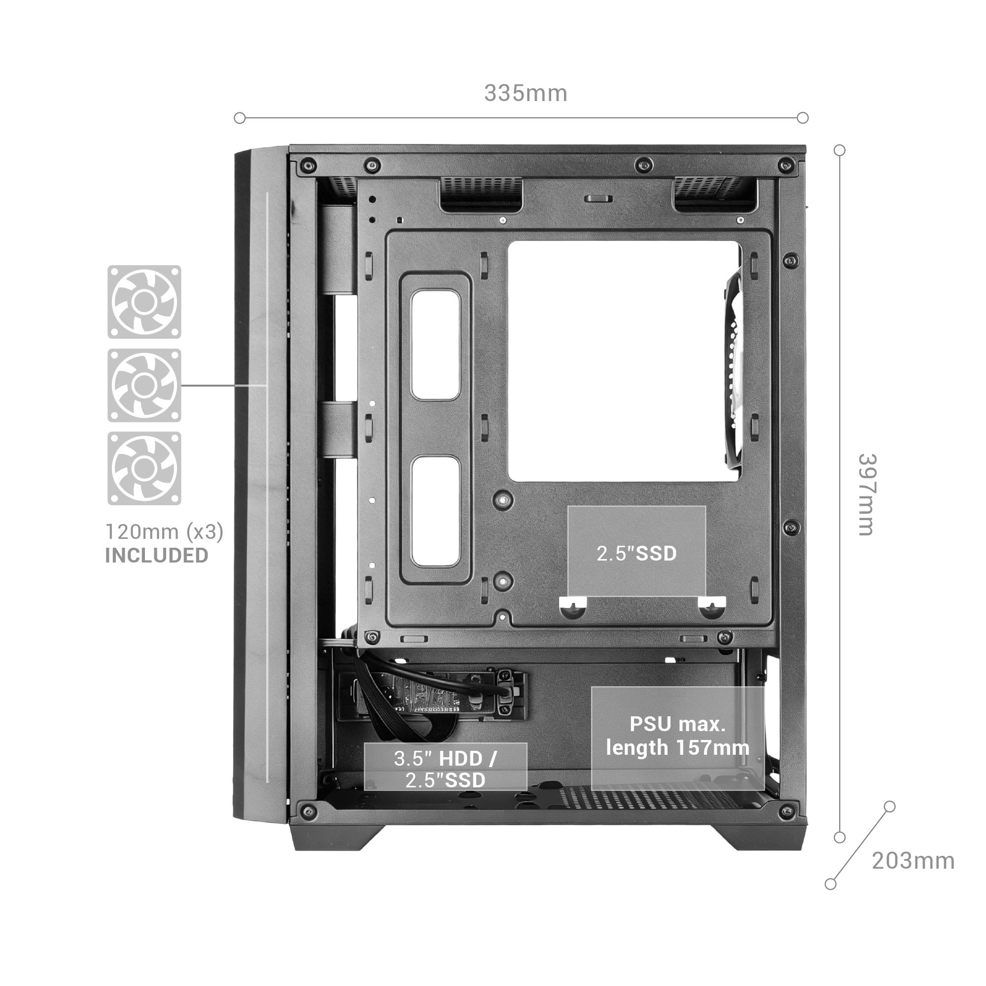 Vista interna del case PC con ventole, alloggiamenti e dimensioni.