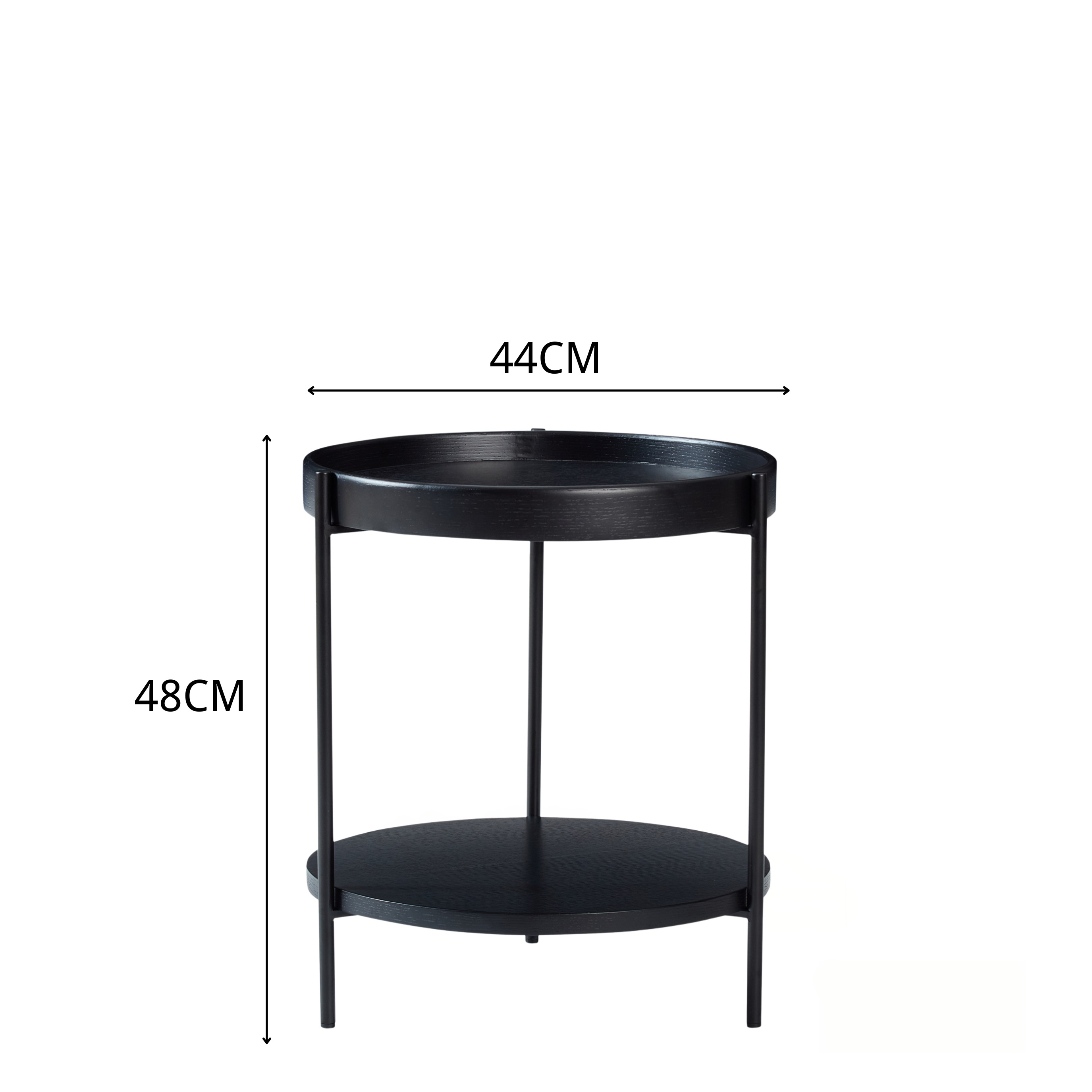Ein runder schwarzer Beistelltisch mit zwei Ebenen, 44cm breit und 48cm hoch.