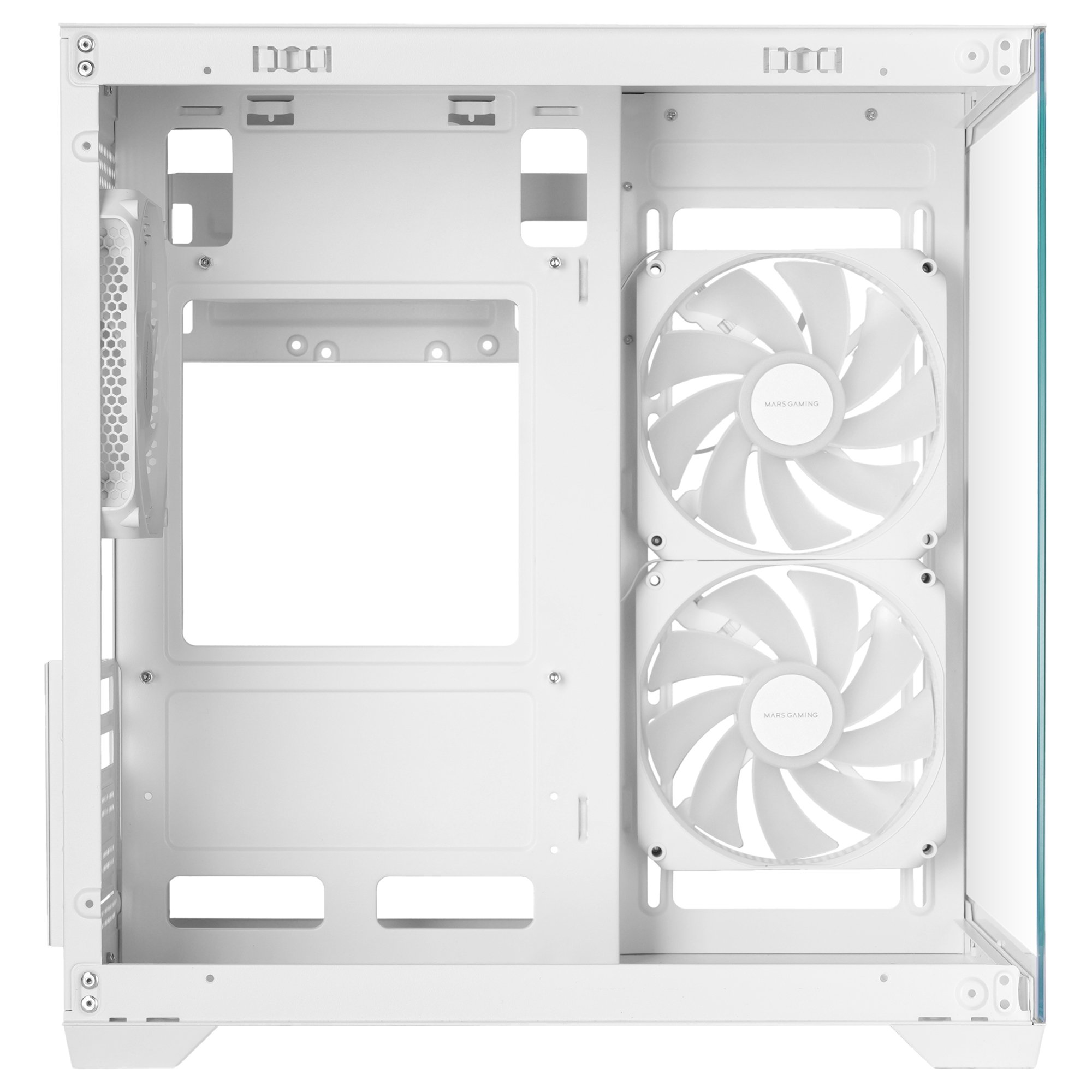 Un case per PC bianco con ventole e pannello laterale trasparente.