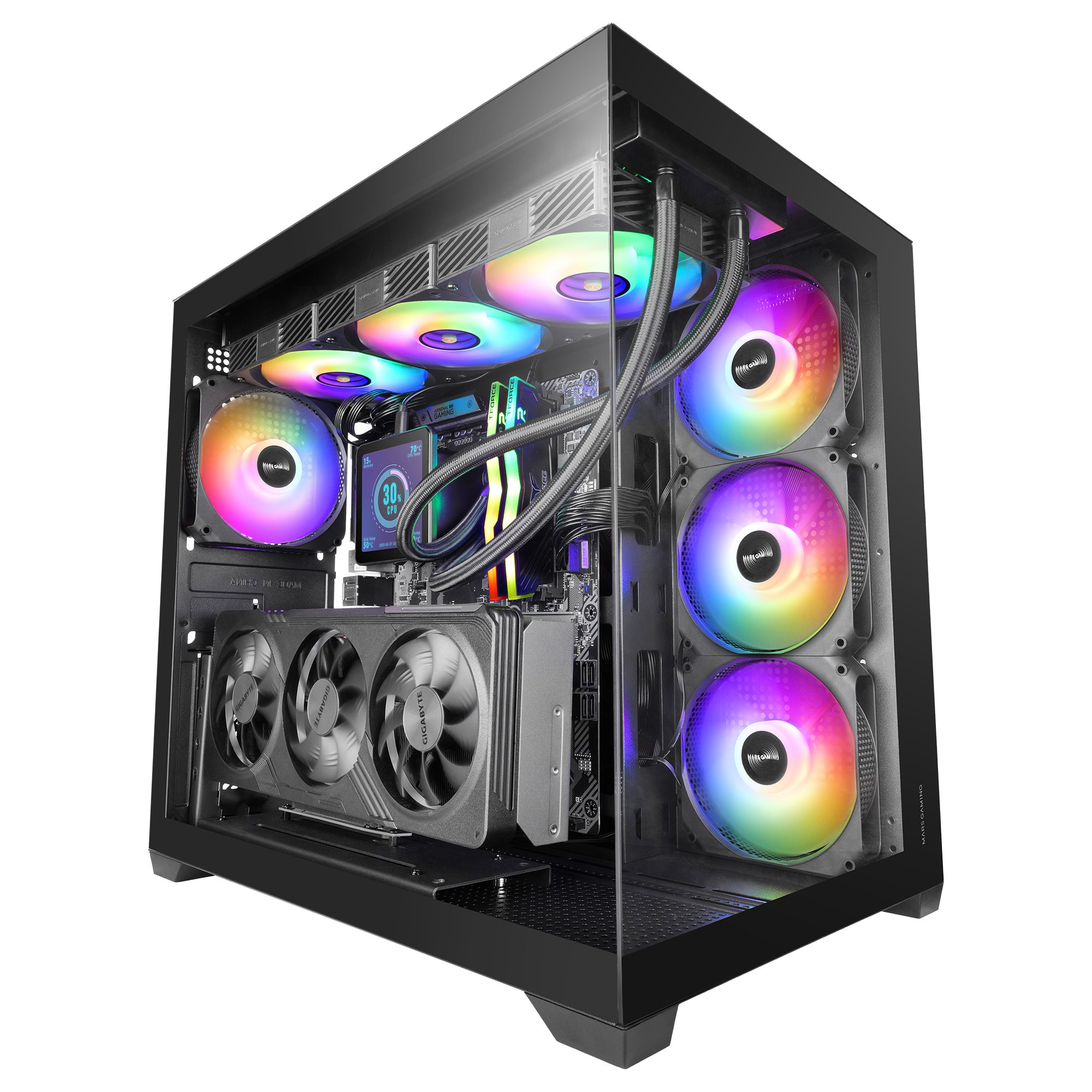 Un case per PC nero con ventole RGB, GPU e sistema di raffreddamento a liquido.