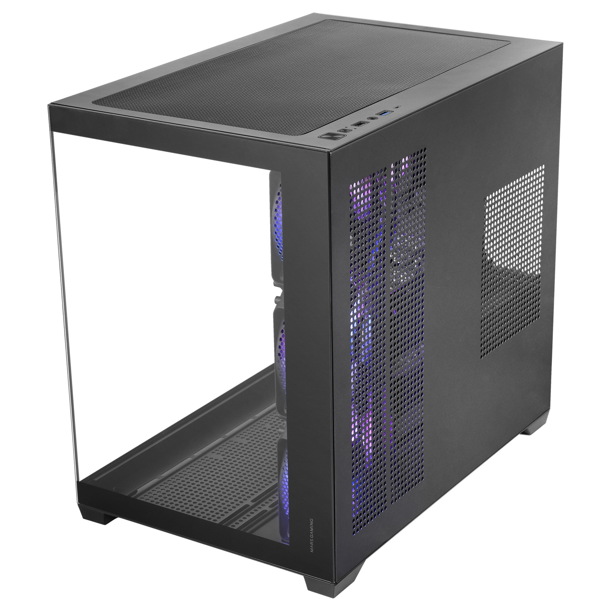 Case PC nero con frontale in vetro e ventole illuminate.