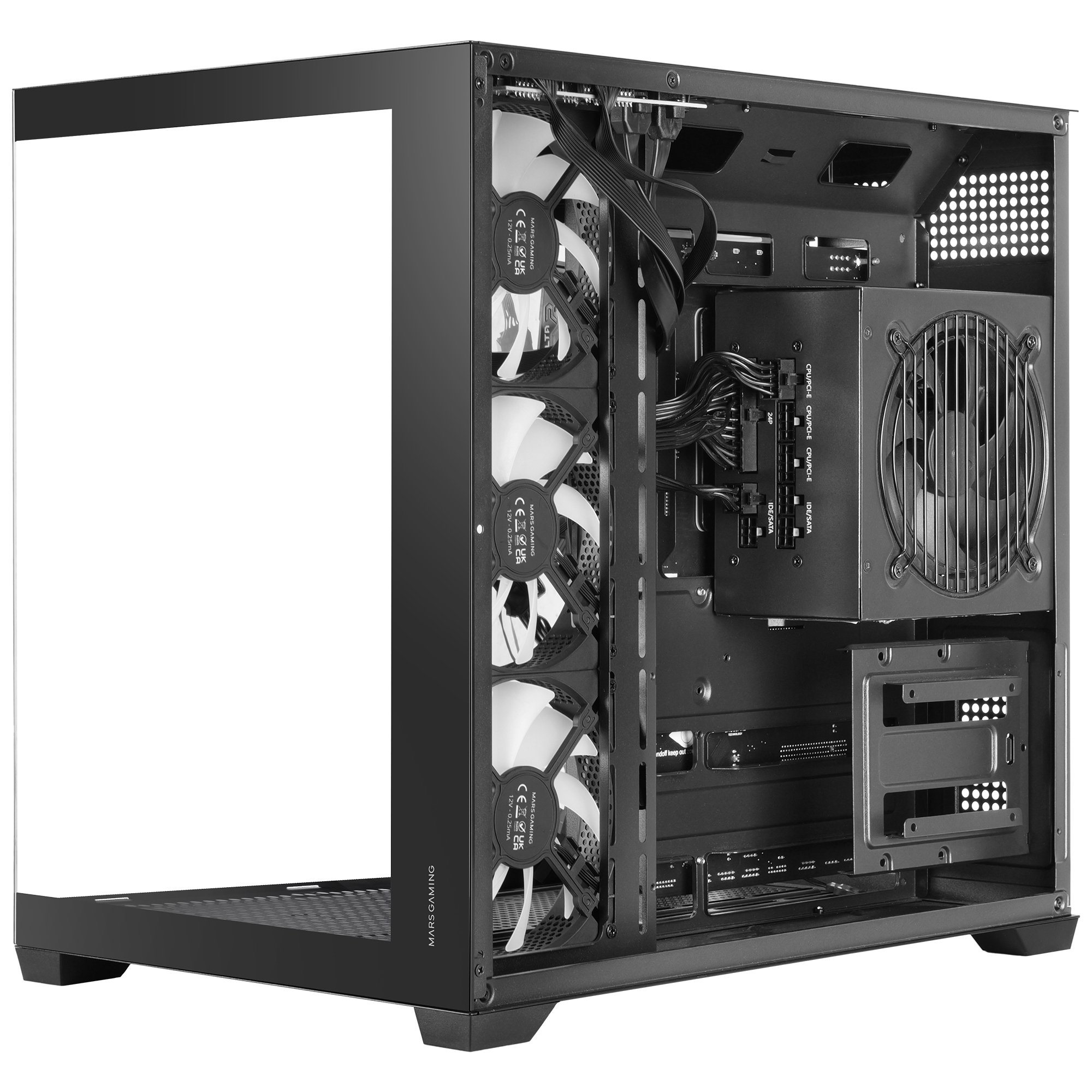 Un case PC aperto che mostra ventole, alimentatore e cavi all'interno.