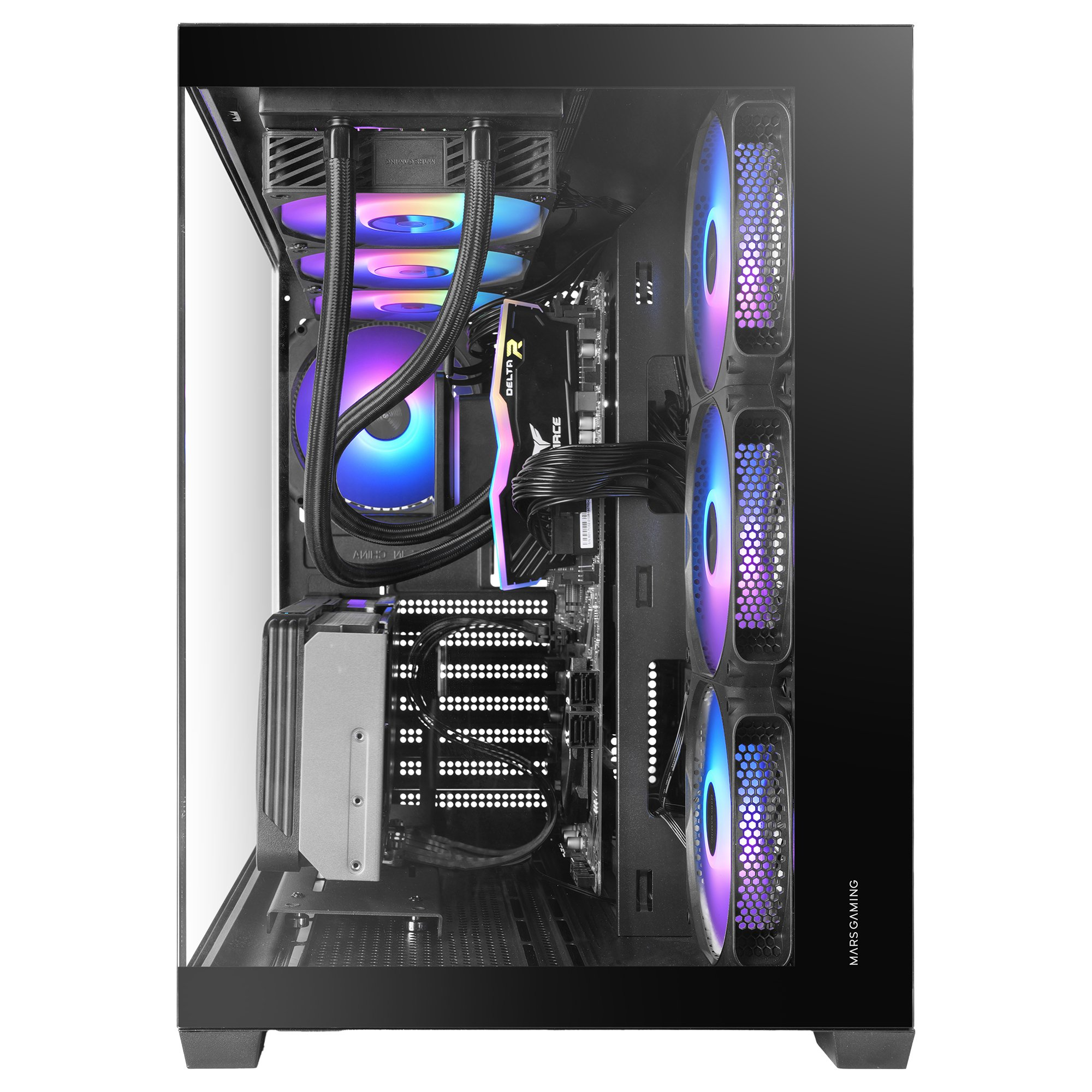 Un case per PC con ventole RGB e raffreddamento a liquido.