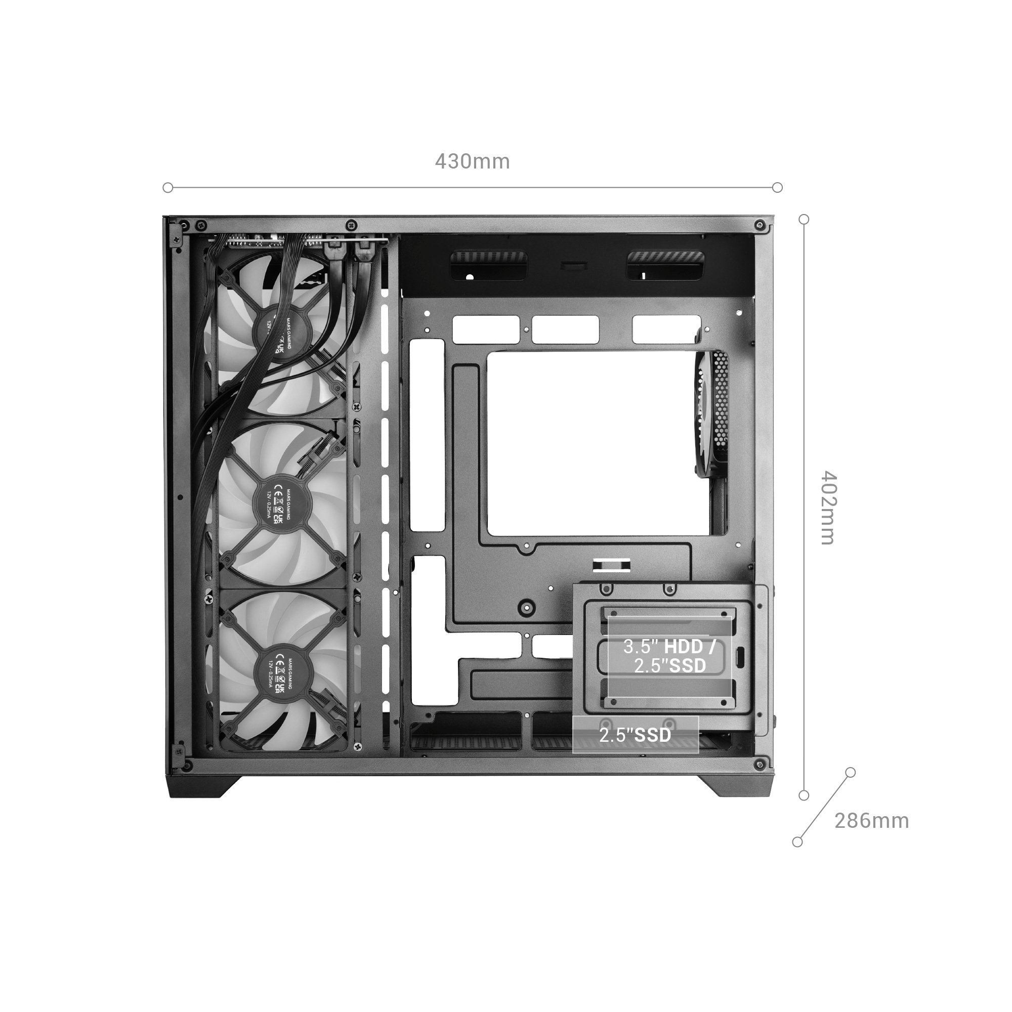 Caja de ordenador abierta mostrando componentes internos, ventiladores y bahías. Dimensiones mostradas.