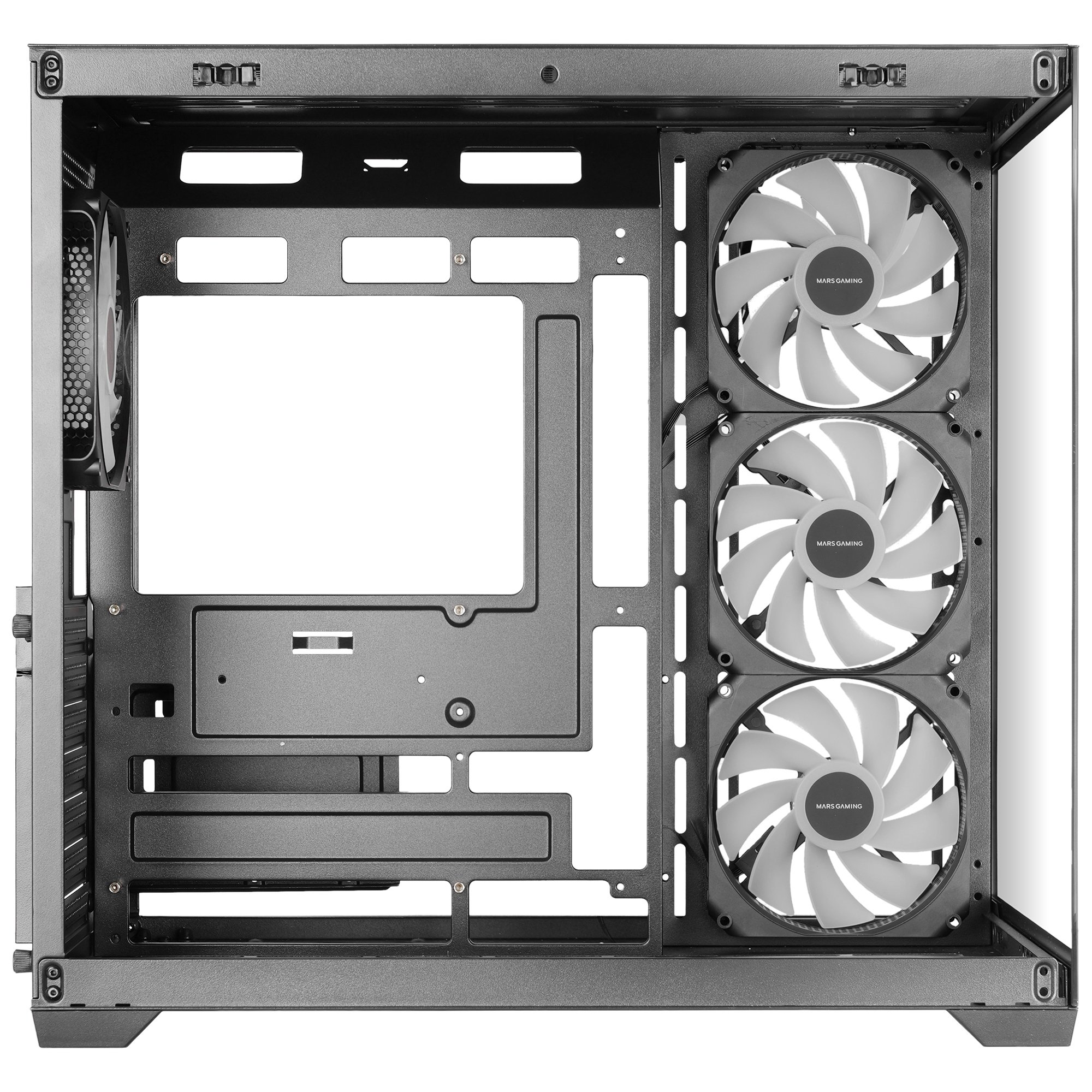 Un case per computer vuoto con tre ventole bianche sul lato destro.