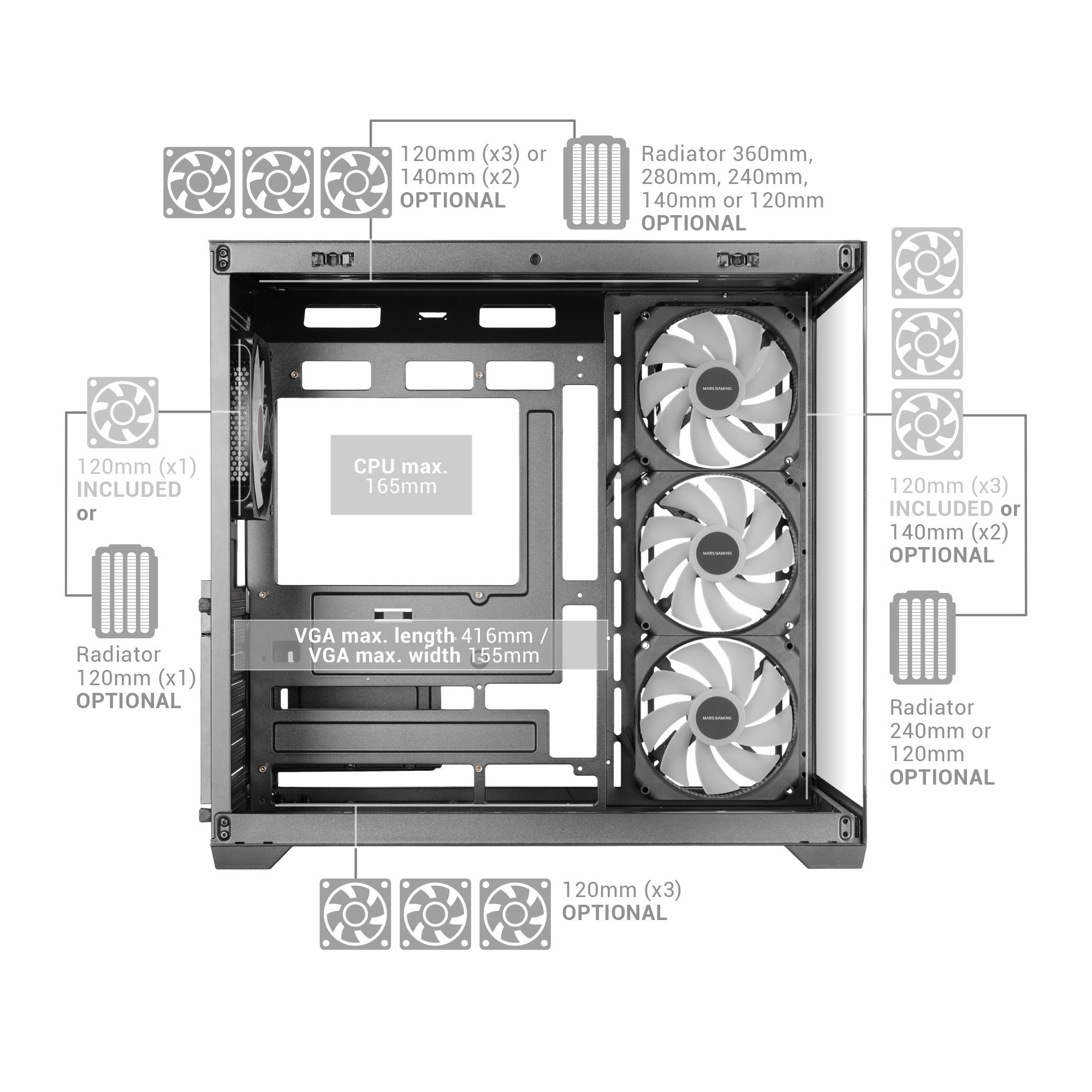 Un case per PC che mostra opzioni di ventole e radiatori con dimensioni.
