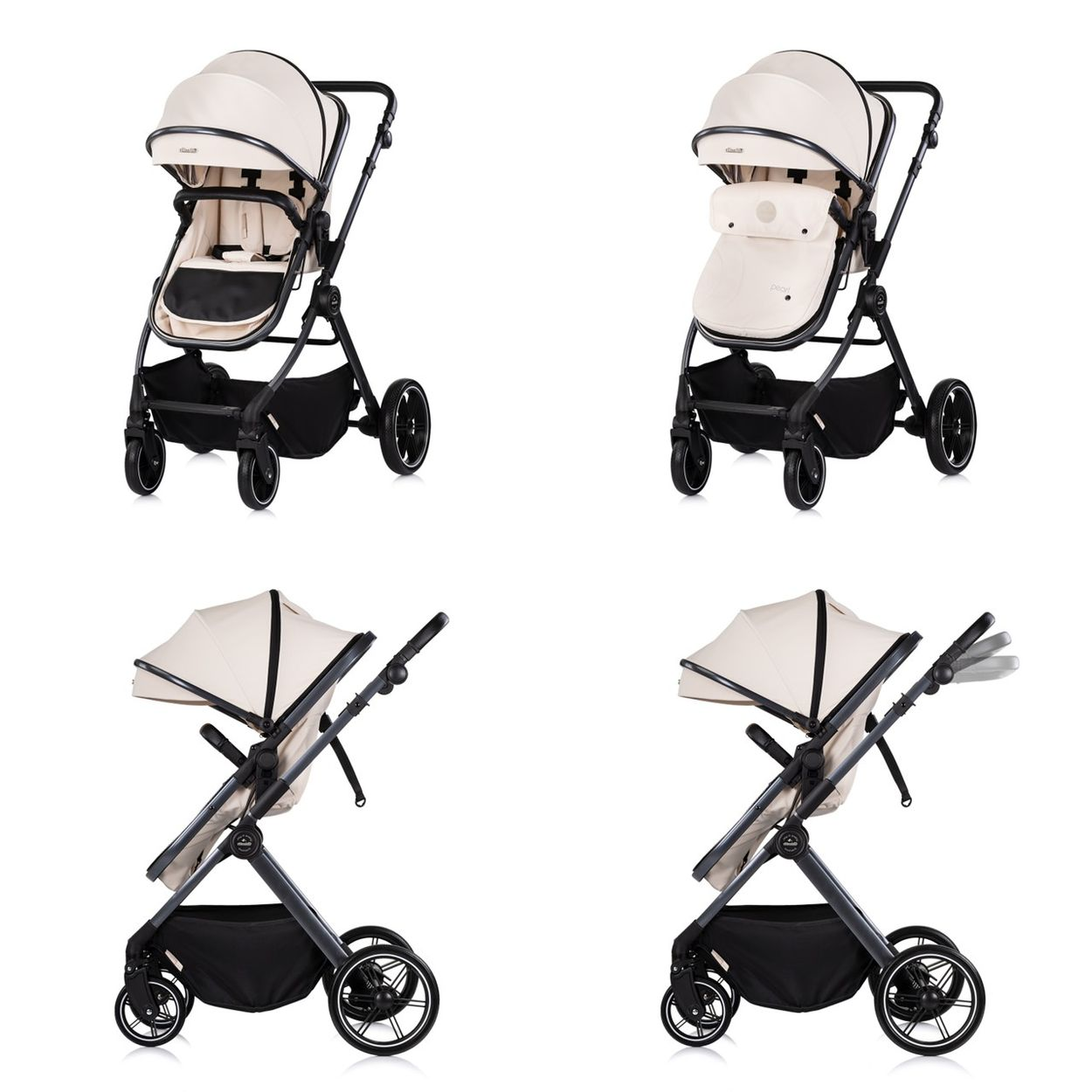 Vier Ansichten eines hellbeigen Kinderwagens mit schwarzem Rahmen und Verdeck.