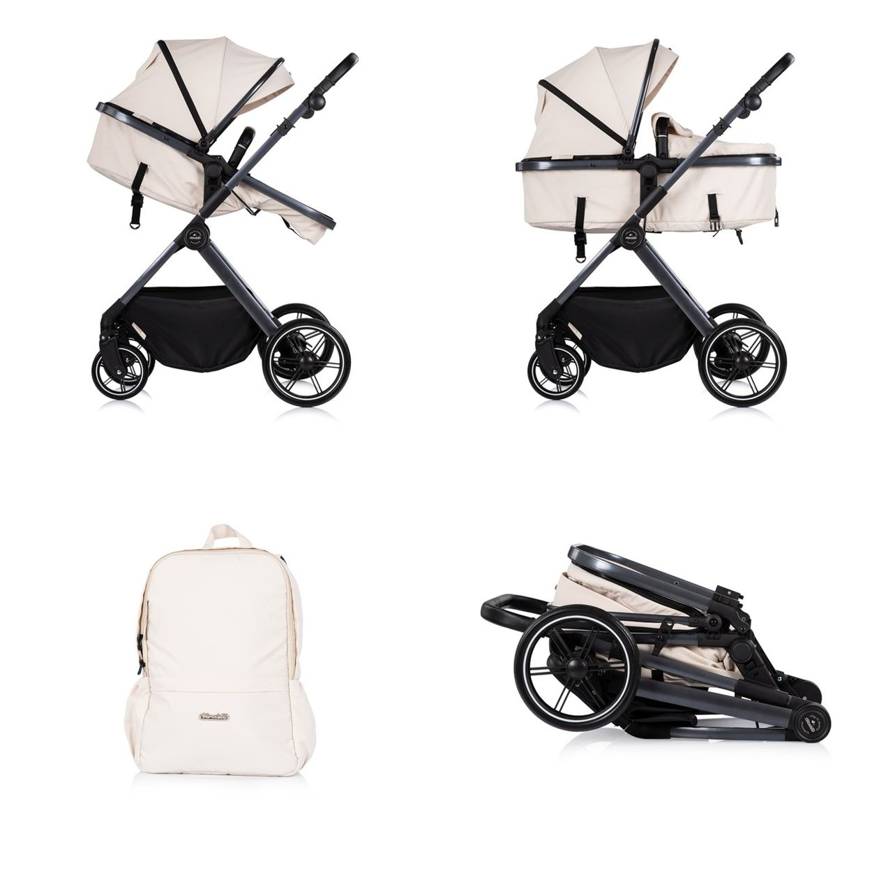Ein hellbeiger Kinderwagen, ein Rucksack und ein zusammengeklappter Kinderwagen.