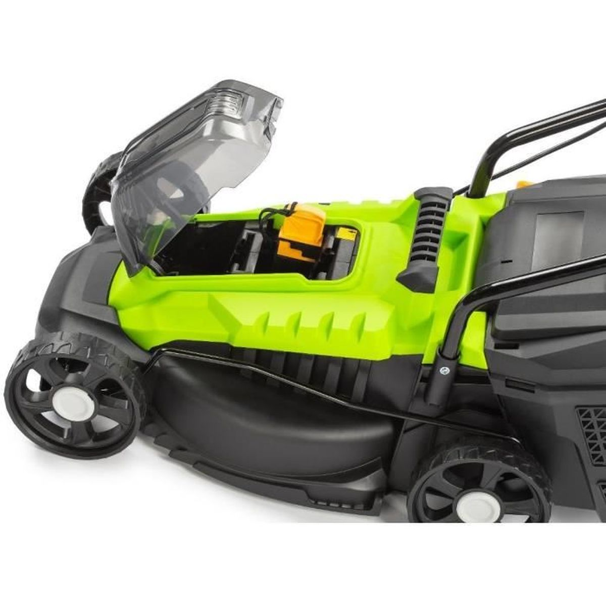 Ein grüner Rasenmäher mit geöffneter Haube und sichtbarem Motor.
