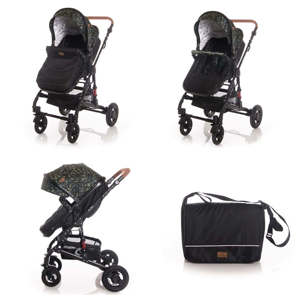 Ein schwarzer Kinderwagen mit Muster und eine Wickeltasche.