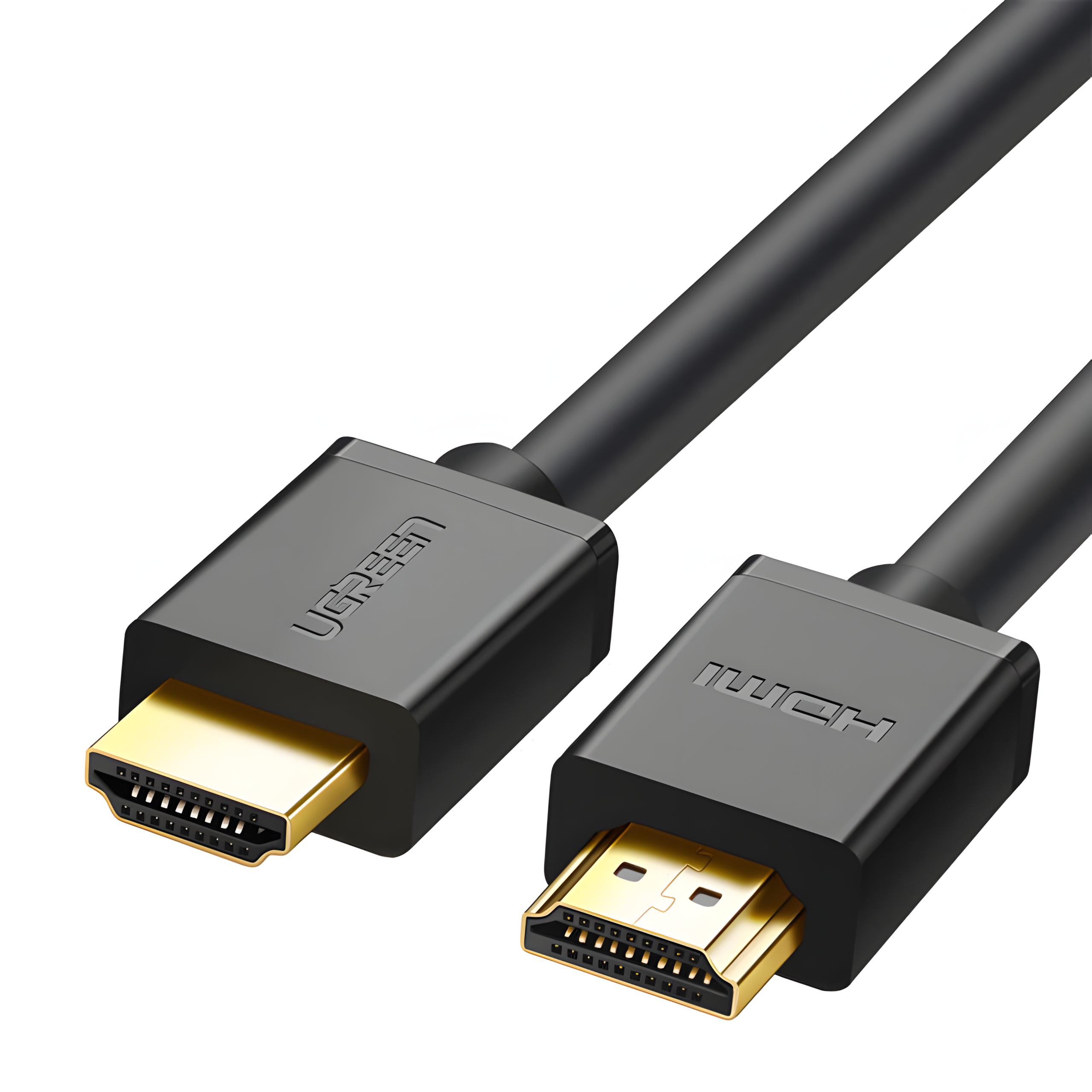 Czarny kabel HDMI ze złotymi złączami, na białym tle.