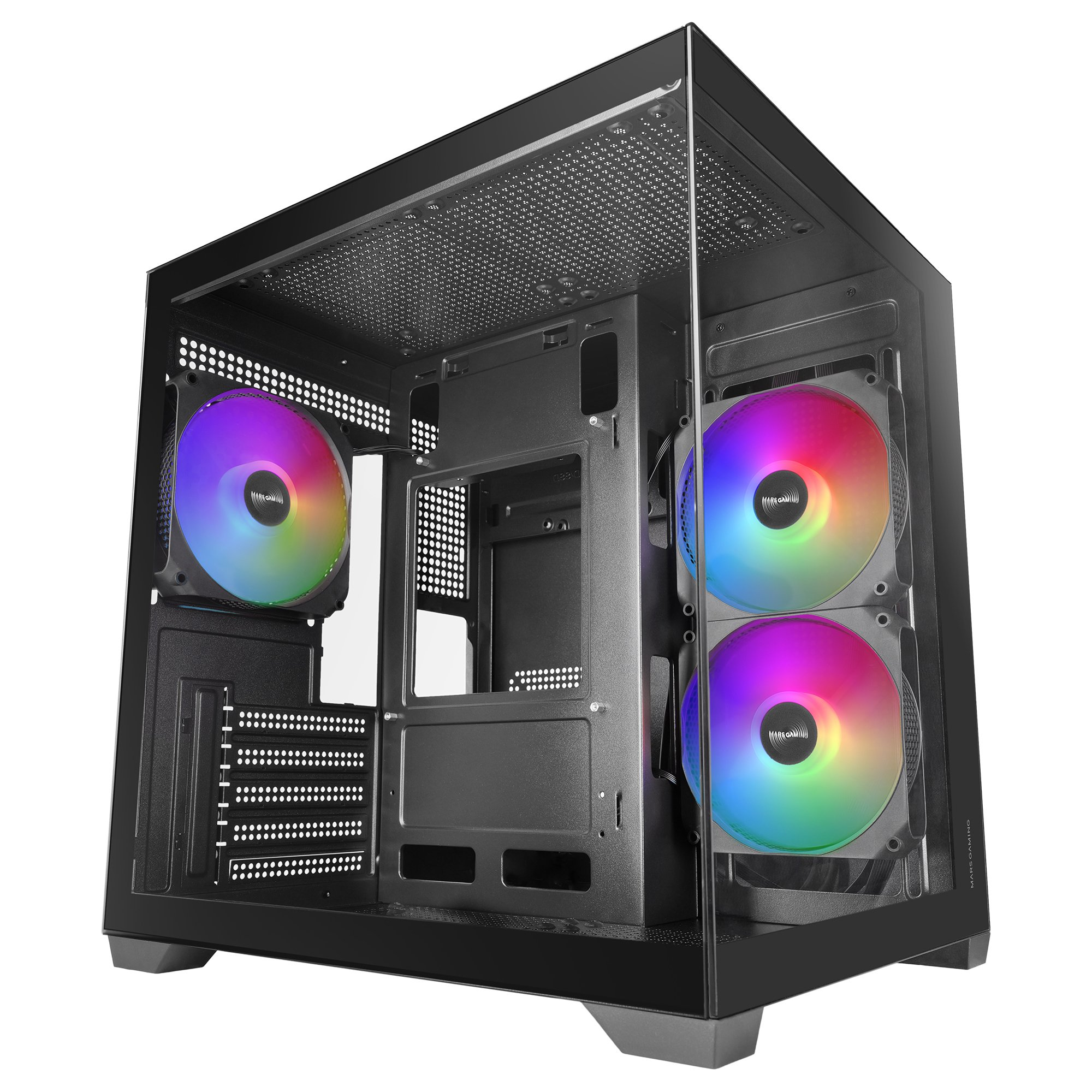 Un case PC nero con pannello laterale in vetro e ventole illuminate.