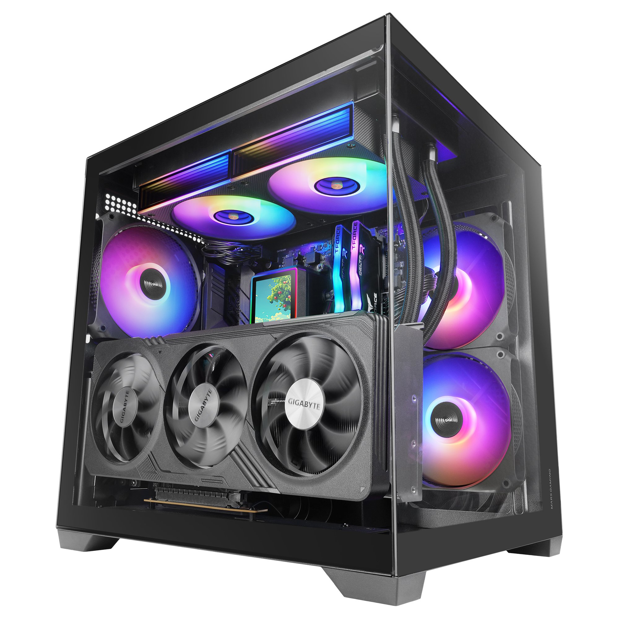 Un case per PC con ventole RGB, GPU e RAM.