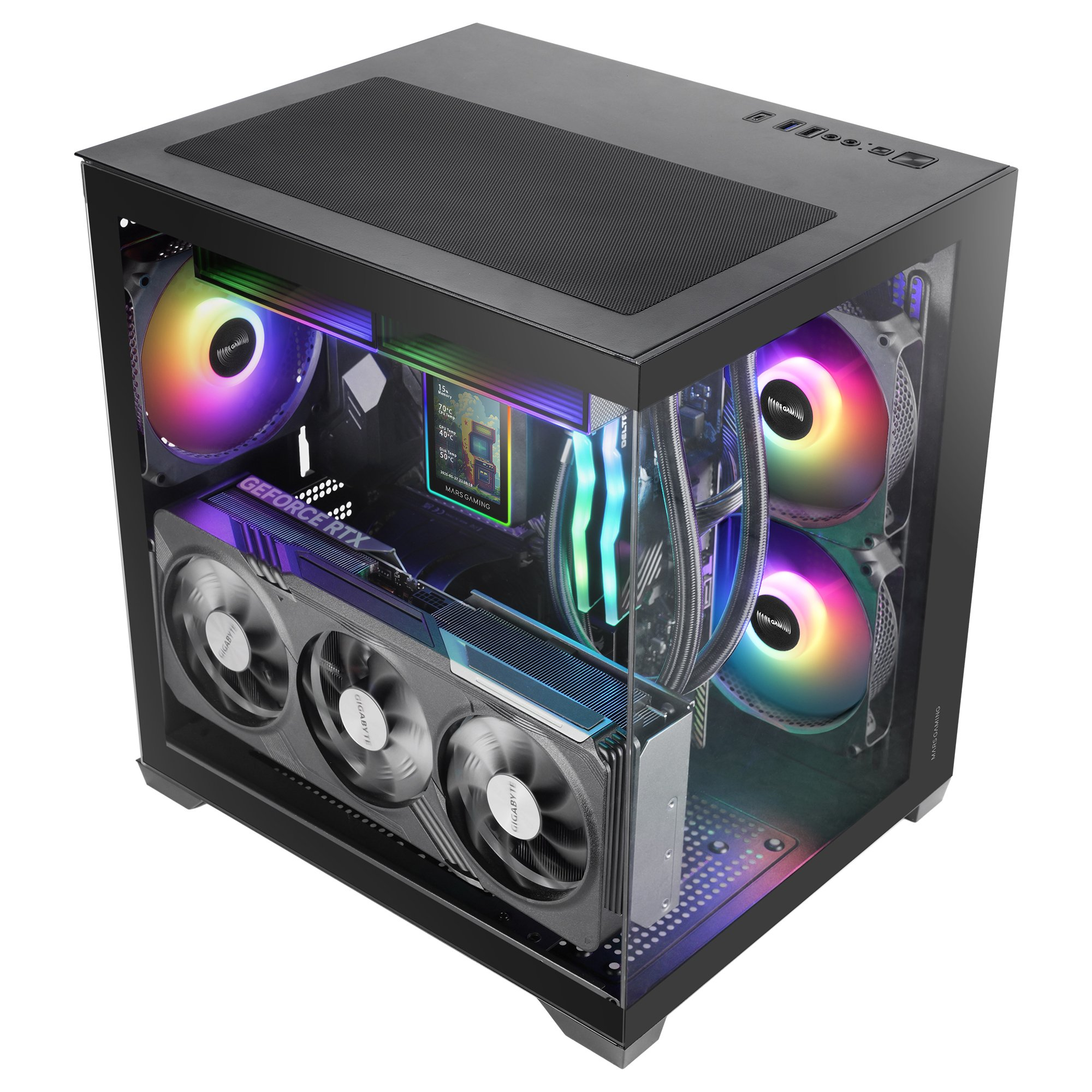 Un PC da gaming con ventole RGB e scheda grafica GeForce RTX.