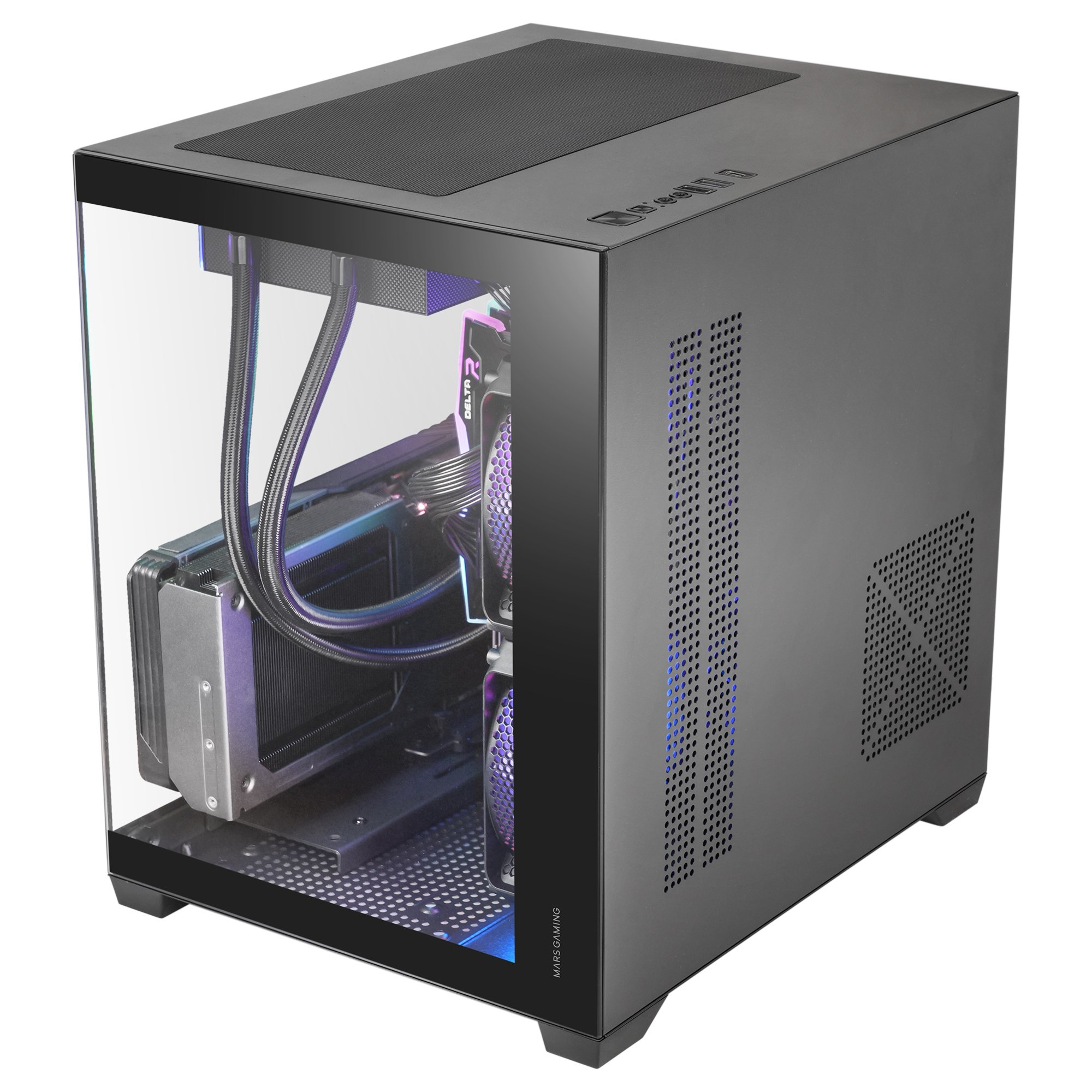Un moderno case per computer nero con frontale in vetro e illuminazione RGB.