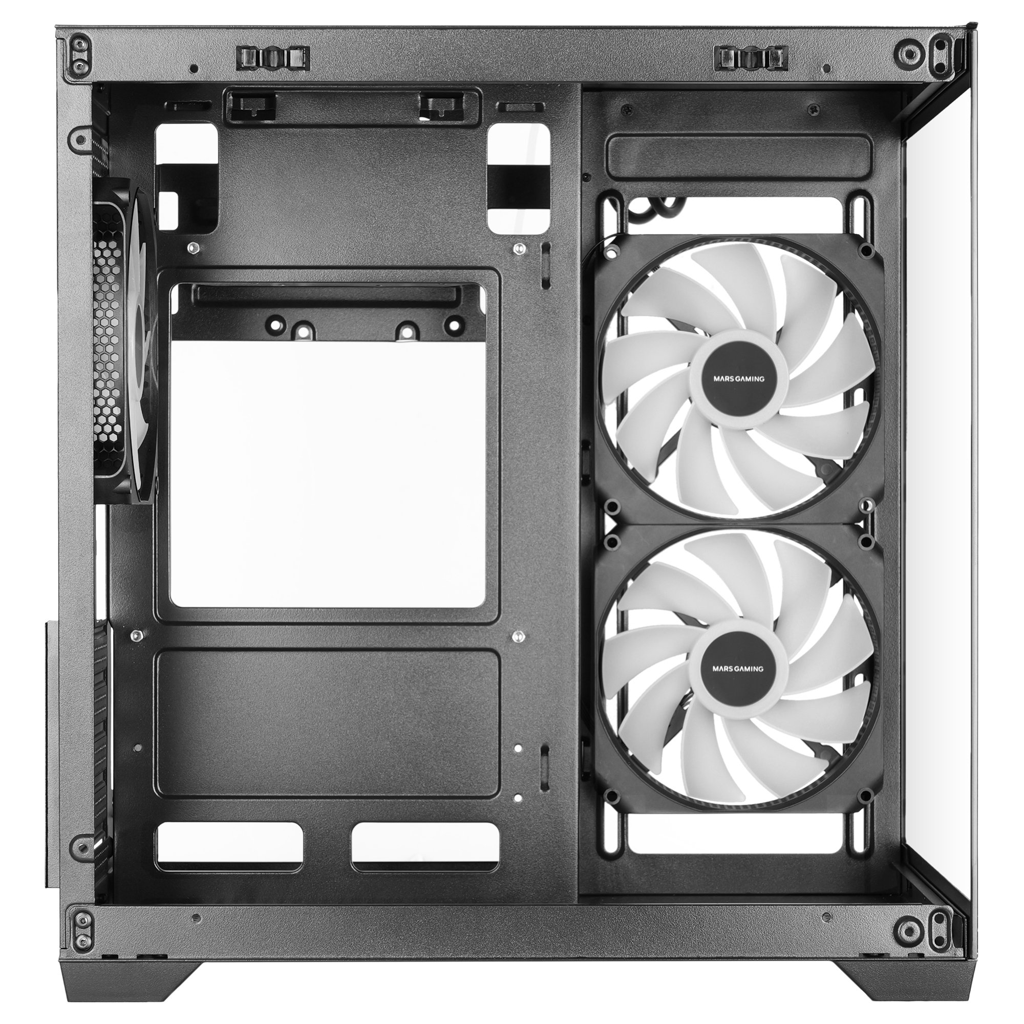Interno case PC nero con due ventole bianche, pannello frontale mesh e alloggiamenti aperti.