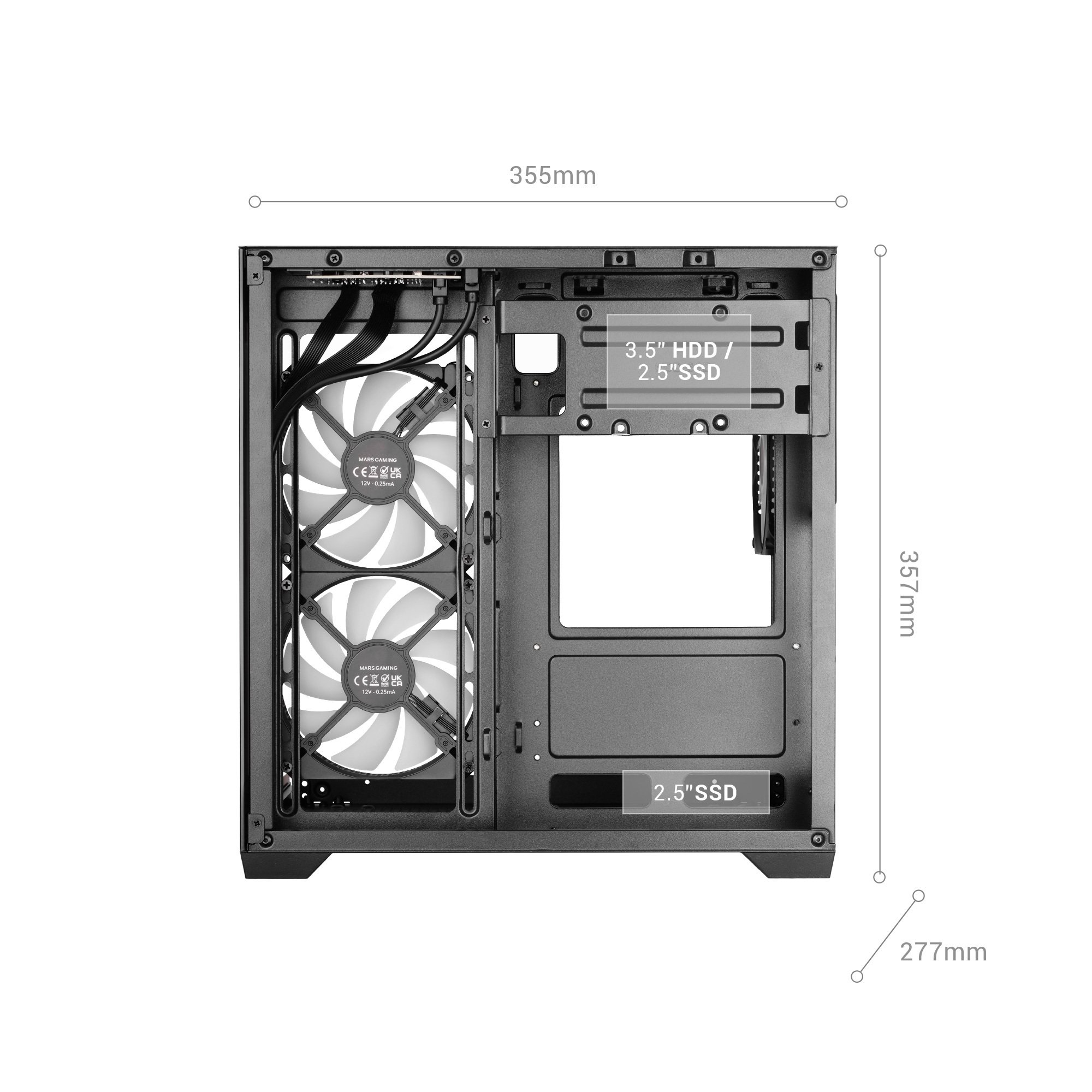 Un case per PC con due ventole, alloggiamenti per unità e segni dimensionali.