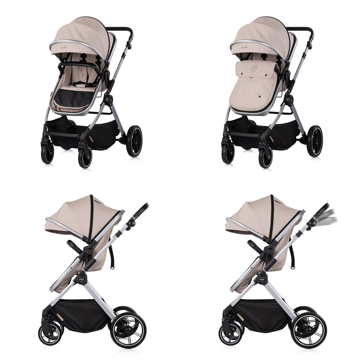 Ein beiger Kinderwagen mit silbernem Rahmen und schwarzem Verdeck.