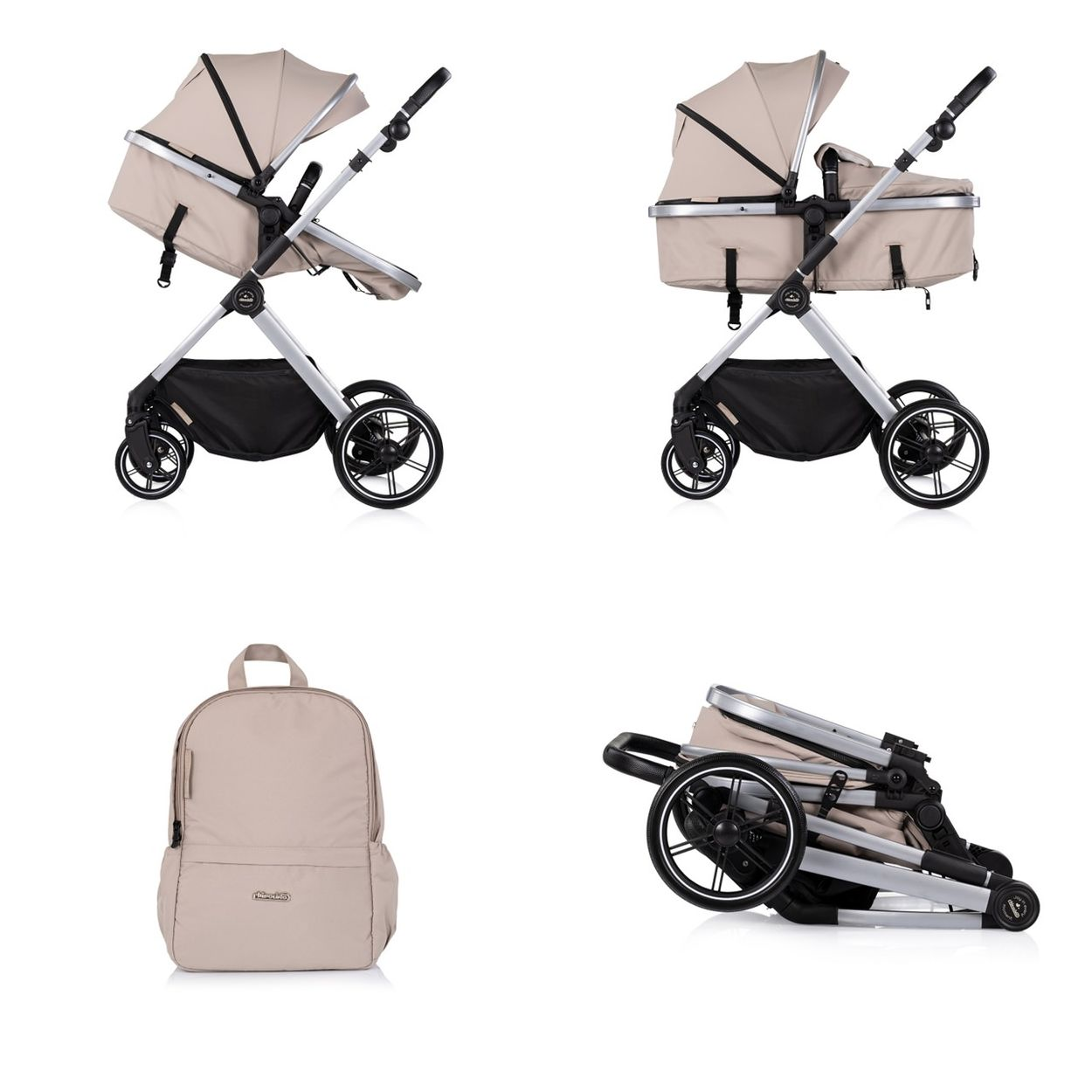 Ein beiger Kinderwagen mit und ohne Babywanne, sowie ein passender Rucksack.