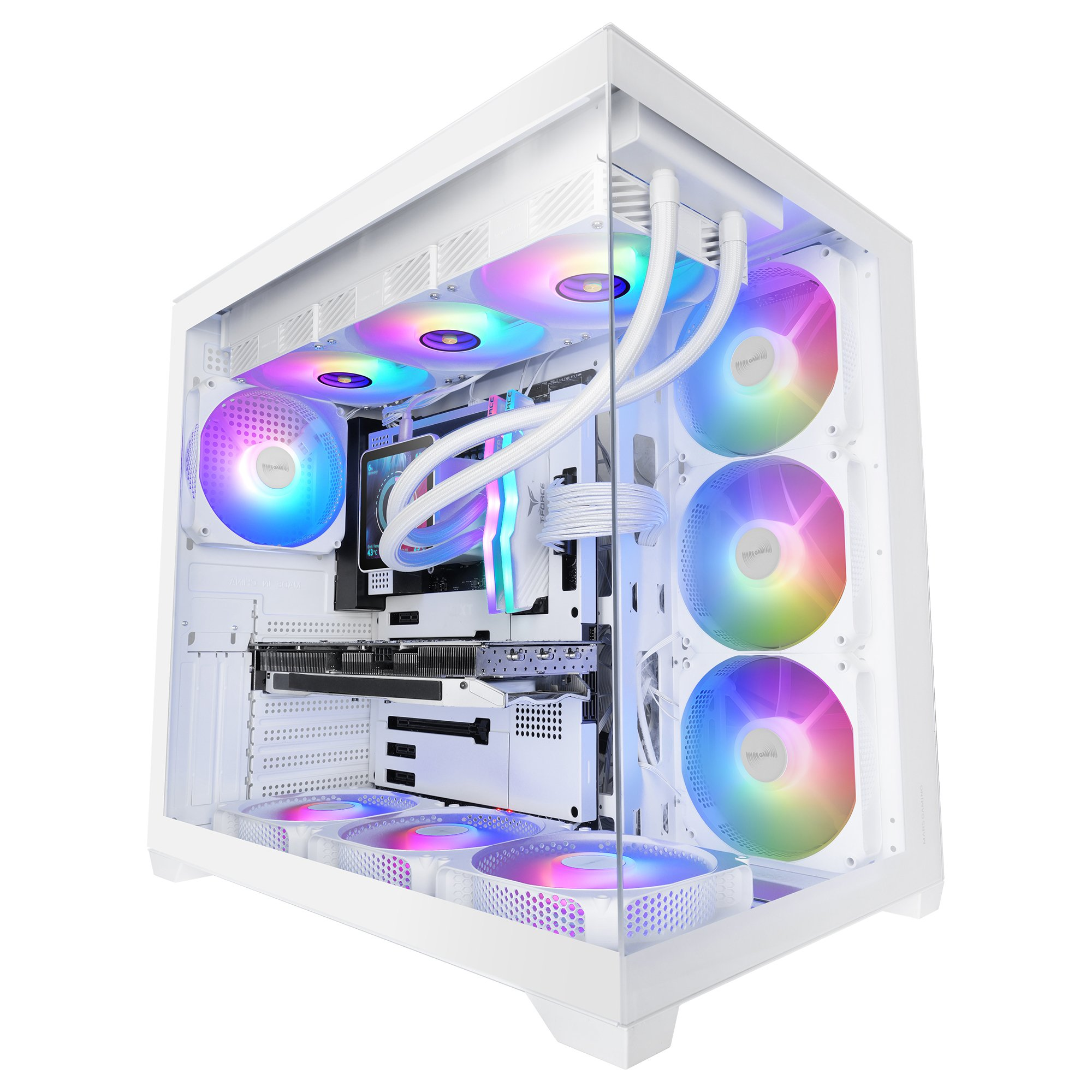 Un PC bianco con ventole RGB e raffreddamento a liquido, vista laterale.