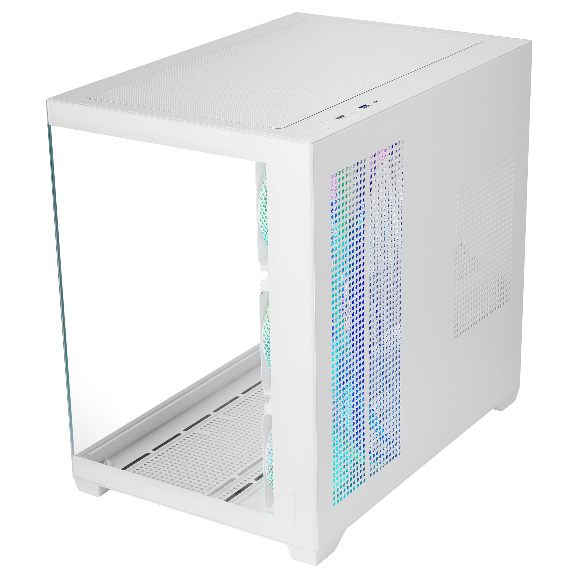 Un case PC bianco con frontale in vetro e ventole RGB.