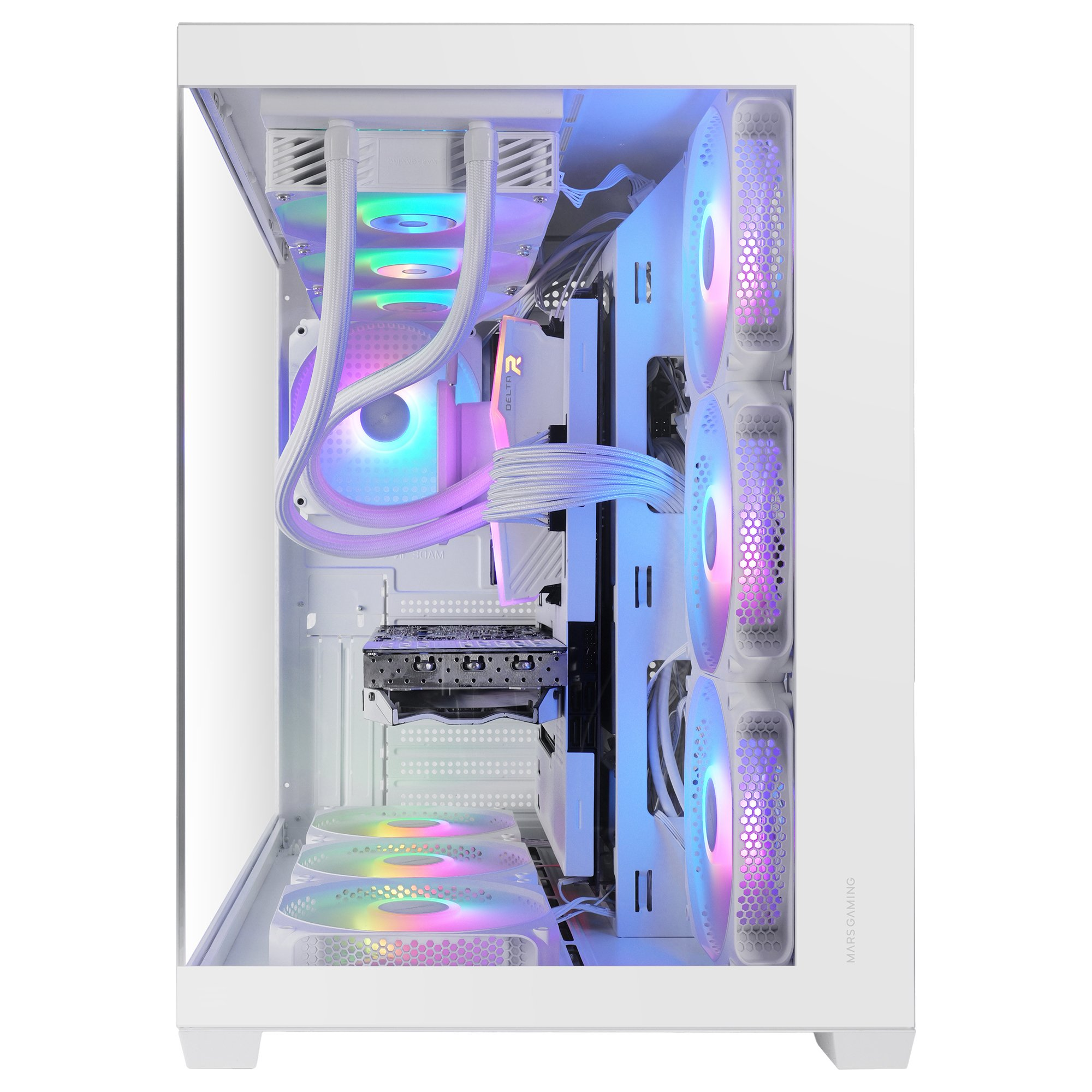 Un case PC bianco con ventole RGB e sistema di raffreddamento a liquido.